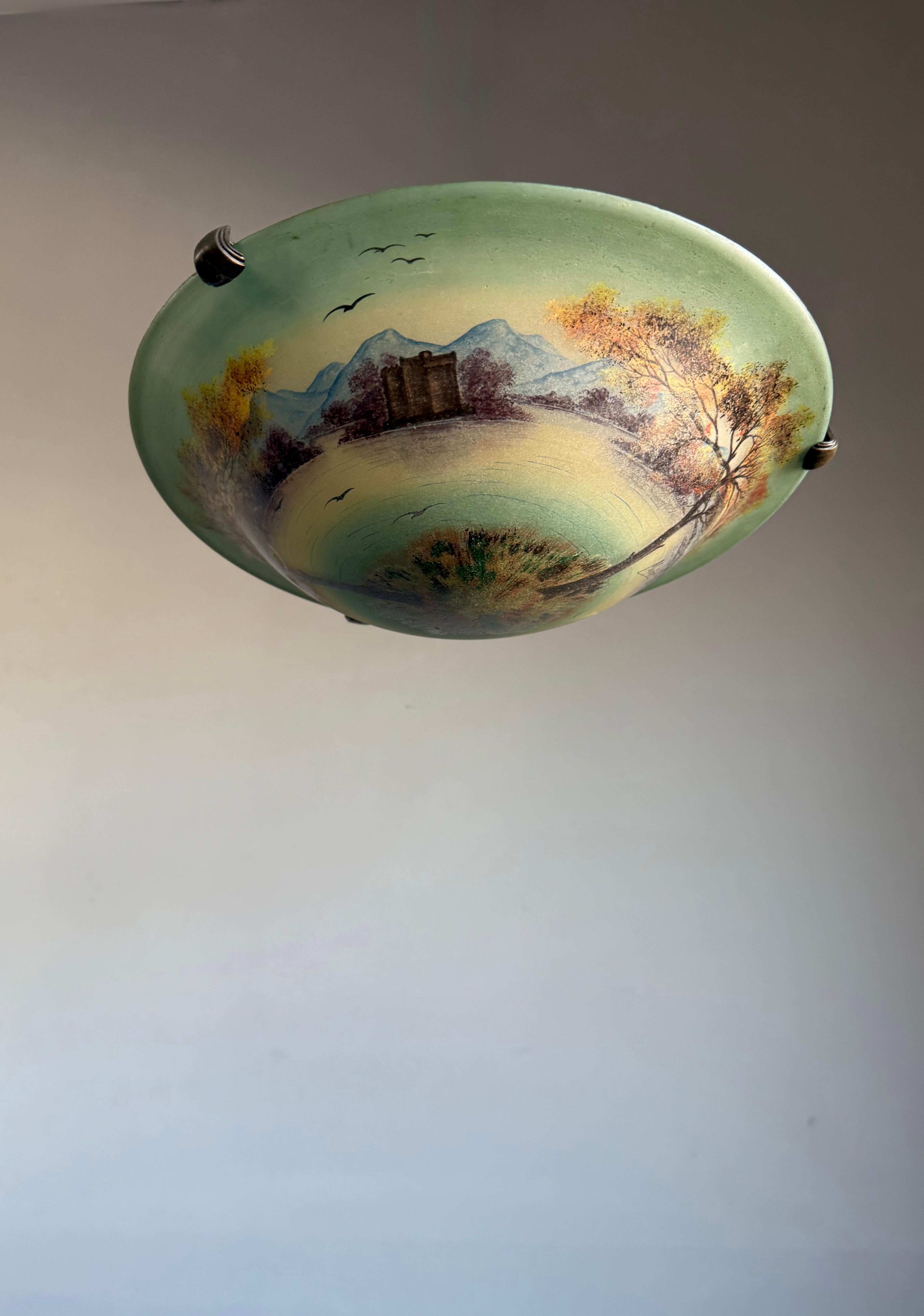 Rare Hand Painted Arts and Crafts Mountain Lake Scene Glass Flush Mount, Signed For Sale 5