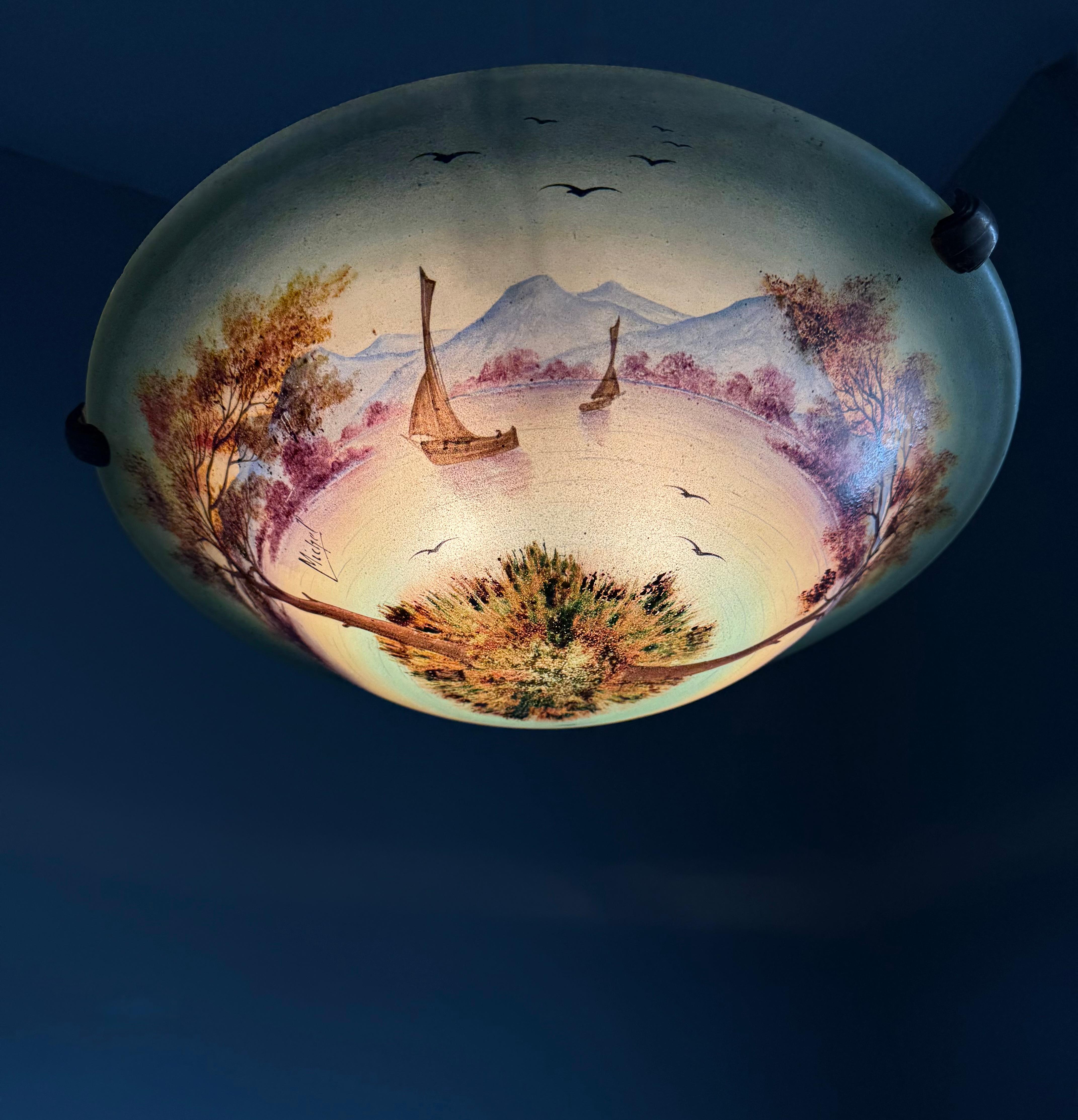 Rare Hand Painted Arts and Crafts Mountain Lake Scene Glass Flush Mount, Signed For Sale 6