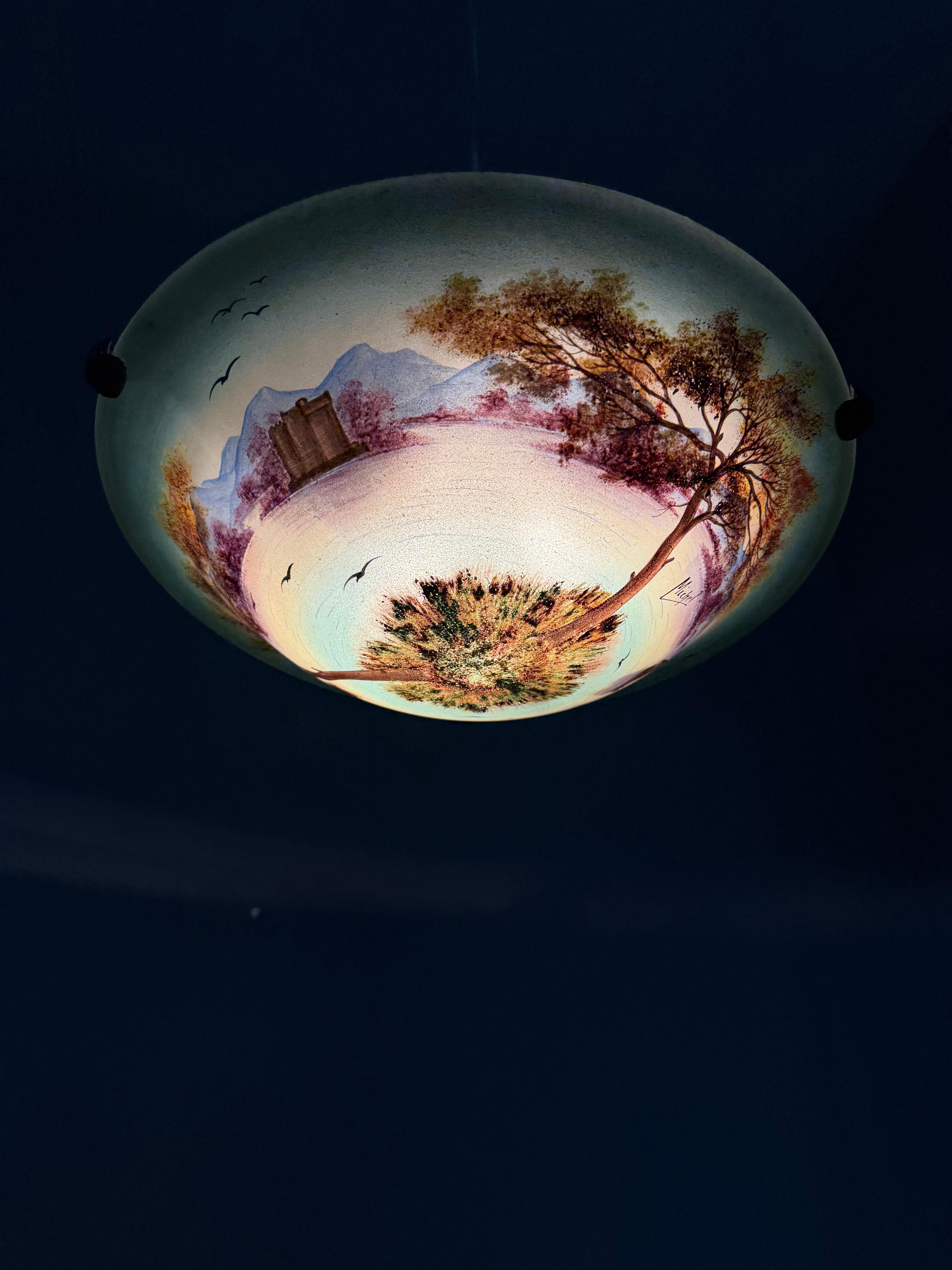 Rare Hand Painted Arts and Crafts Mountain Lake Scene Glass Flush Mount, Signed For Sale 7