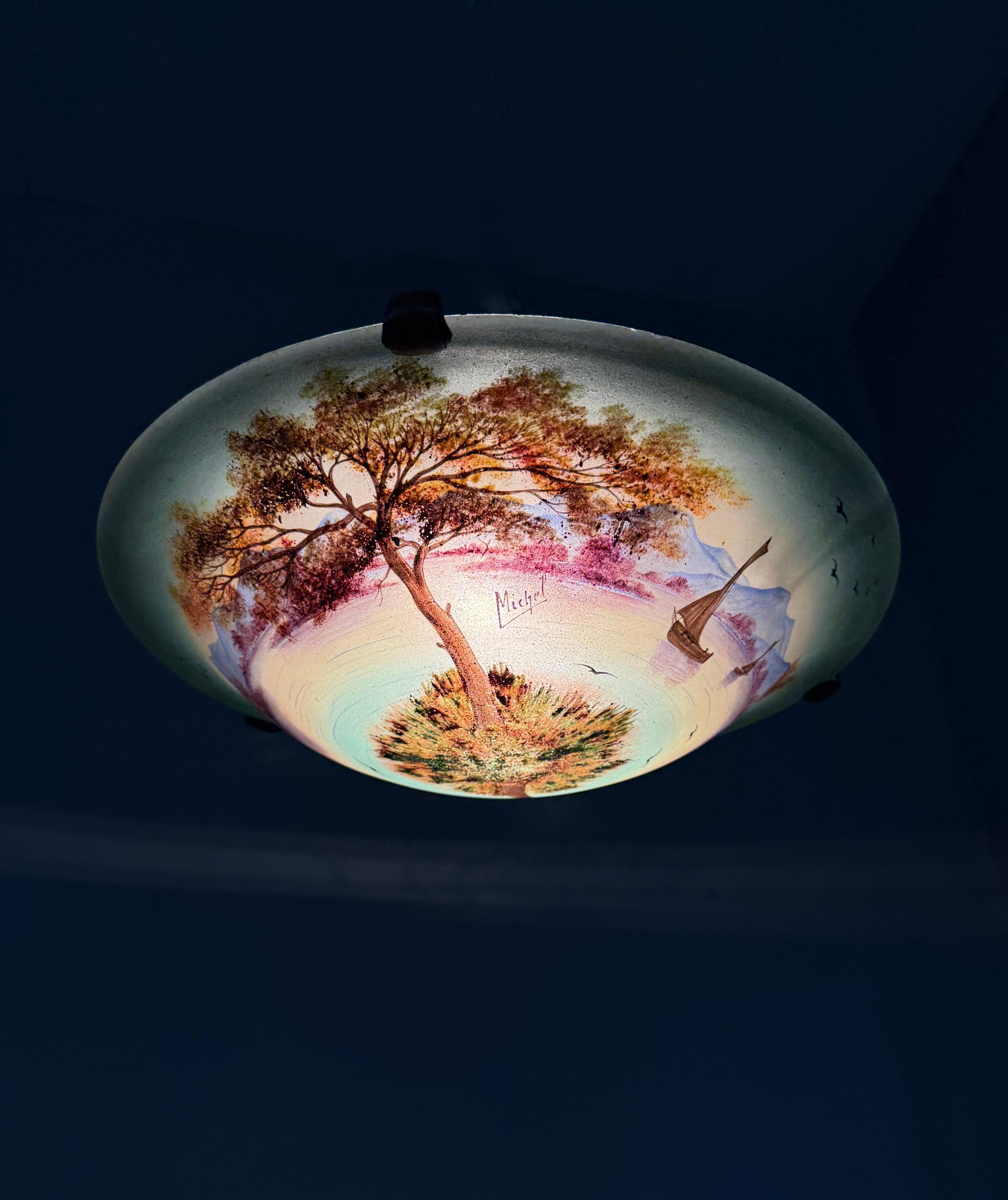 Rare Hand Painted Arts and Crafts Mountain Lake Scene Glass Flush Mount, Signed For Sale 8