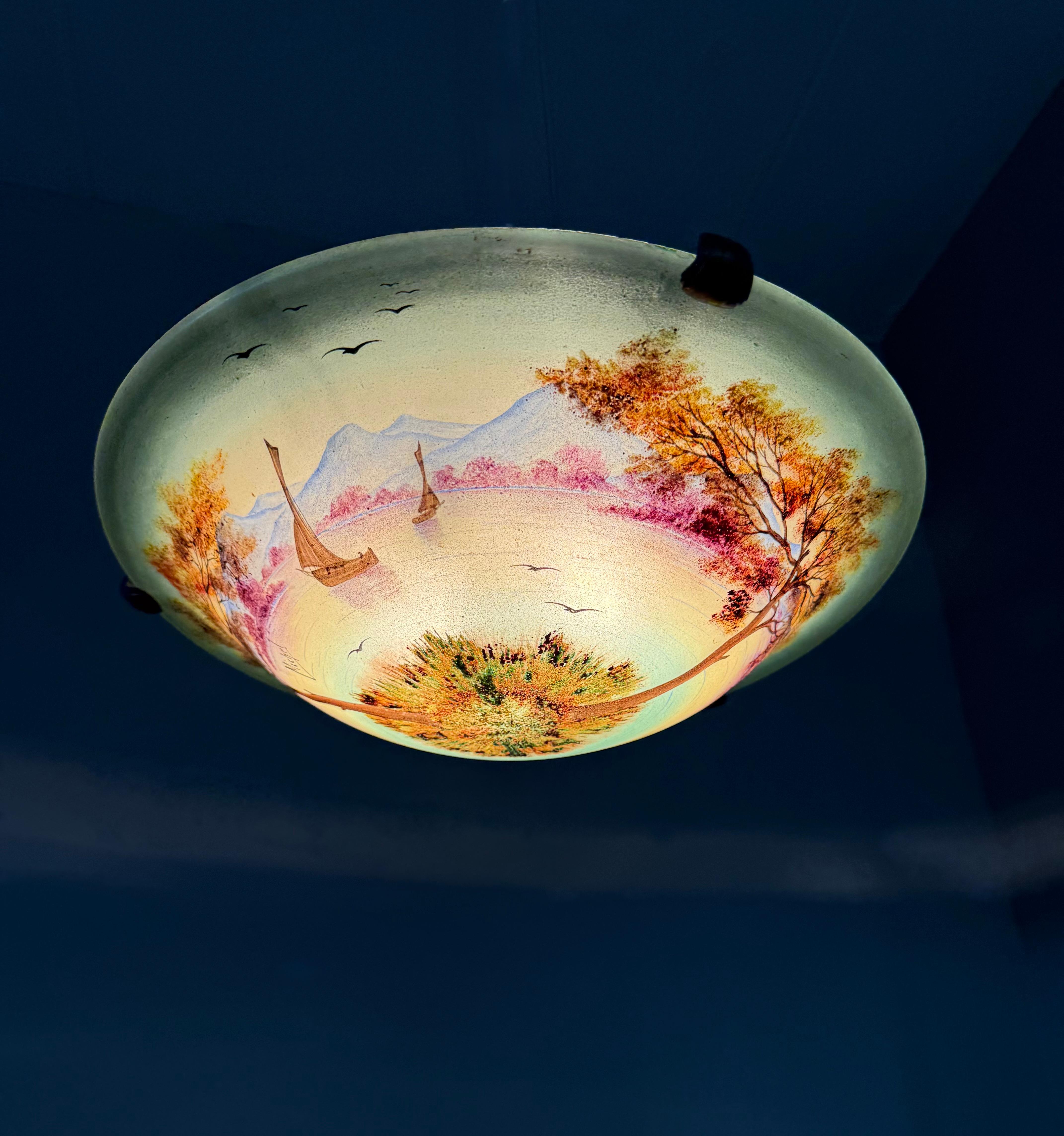 Rare Hand Painted Arts and Crafts Mountain Lake Scene Glass Flush Mount, Signed For Sale 10