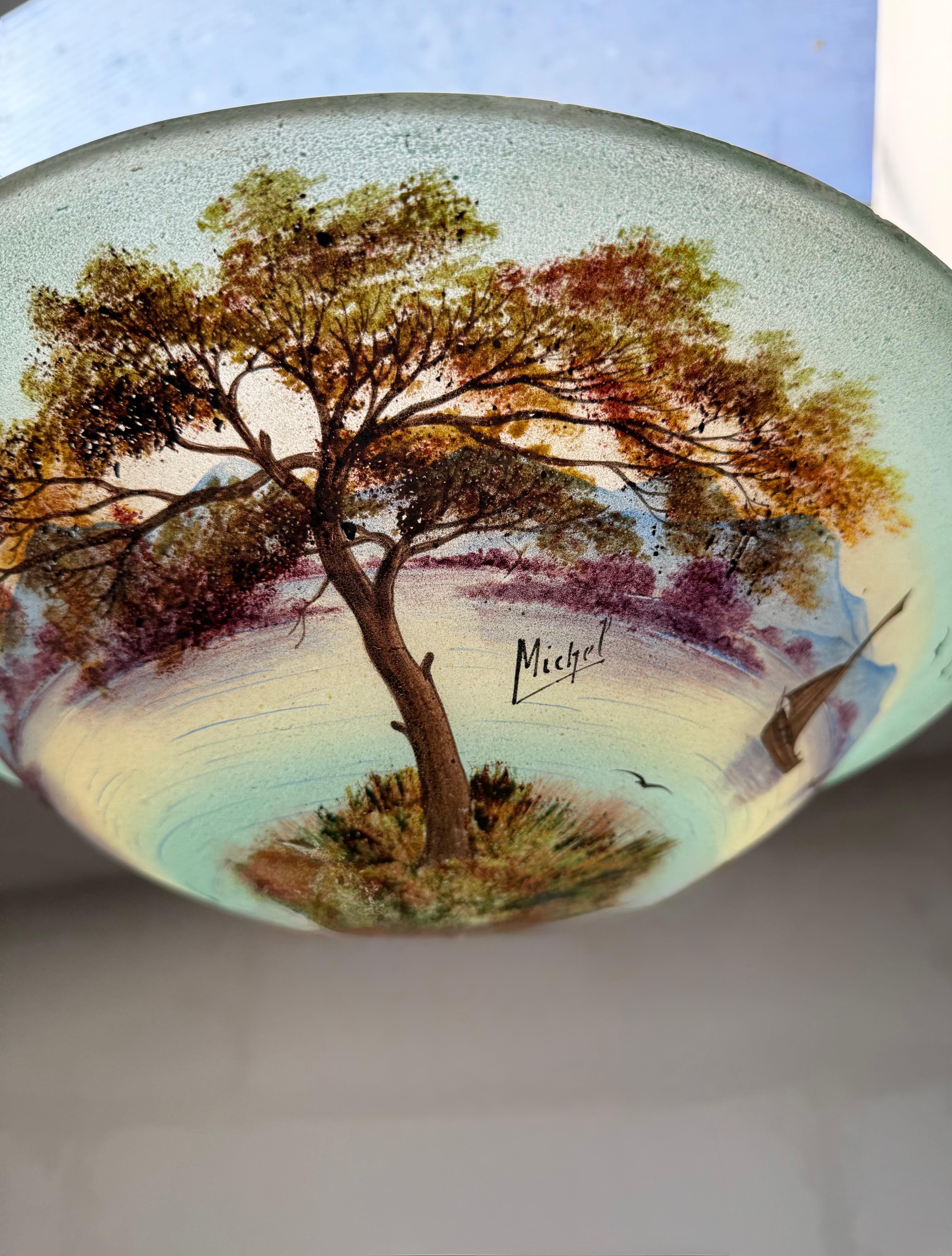 Rare Hand Painted Arts and Crafts Mountain Lake Scene Glass Flush Mount, Signed For Sale 11