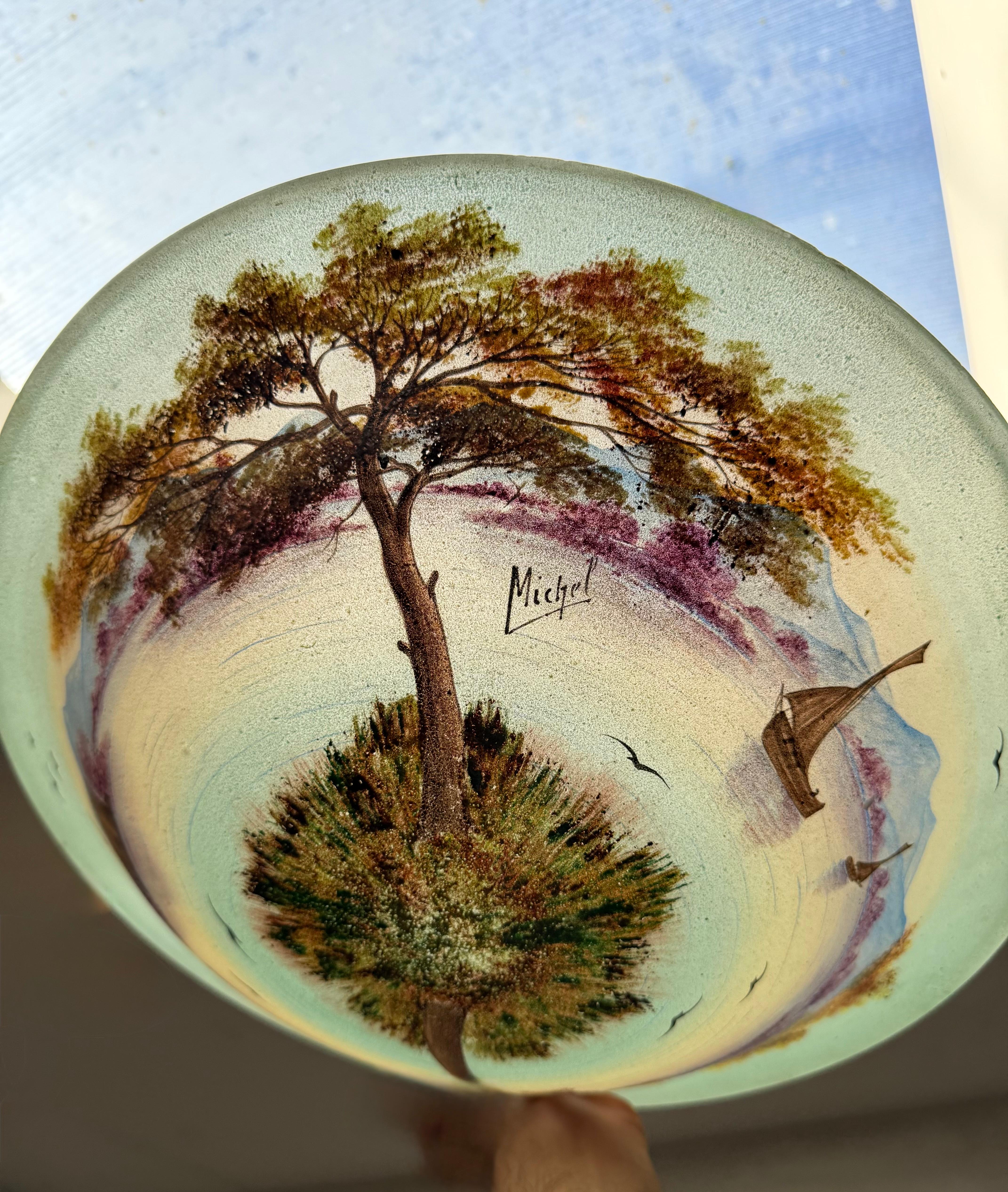 Rare Hand Painted Arts and Crafts Mountain Lake Scene Glass Flush Mount, Signed For Sale 13