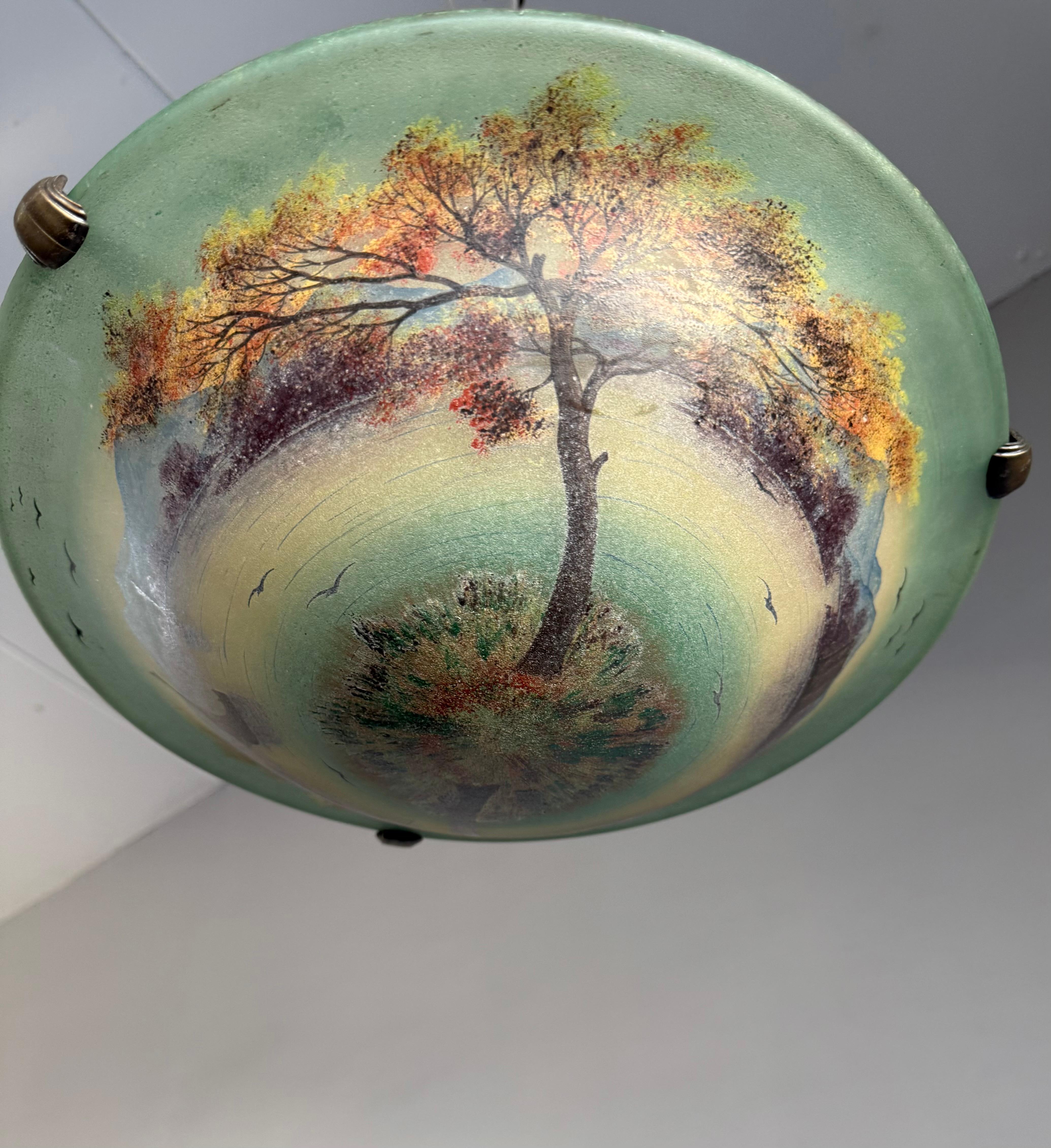 French Rare Hand Painted Arts and Crafts Mountain Lake Scene Glass Flush Mount, Signed For Sale