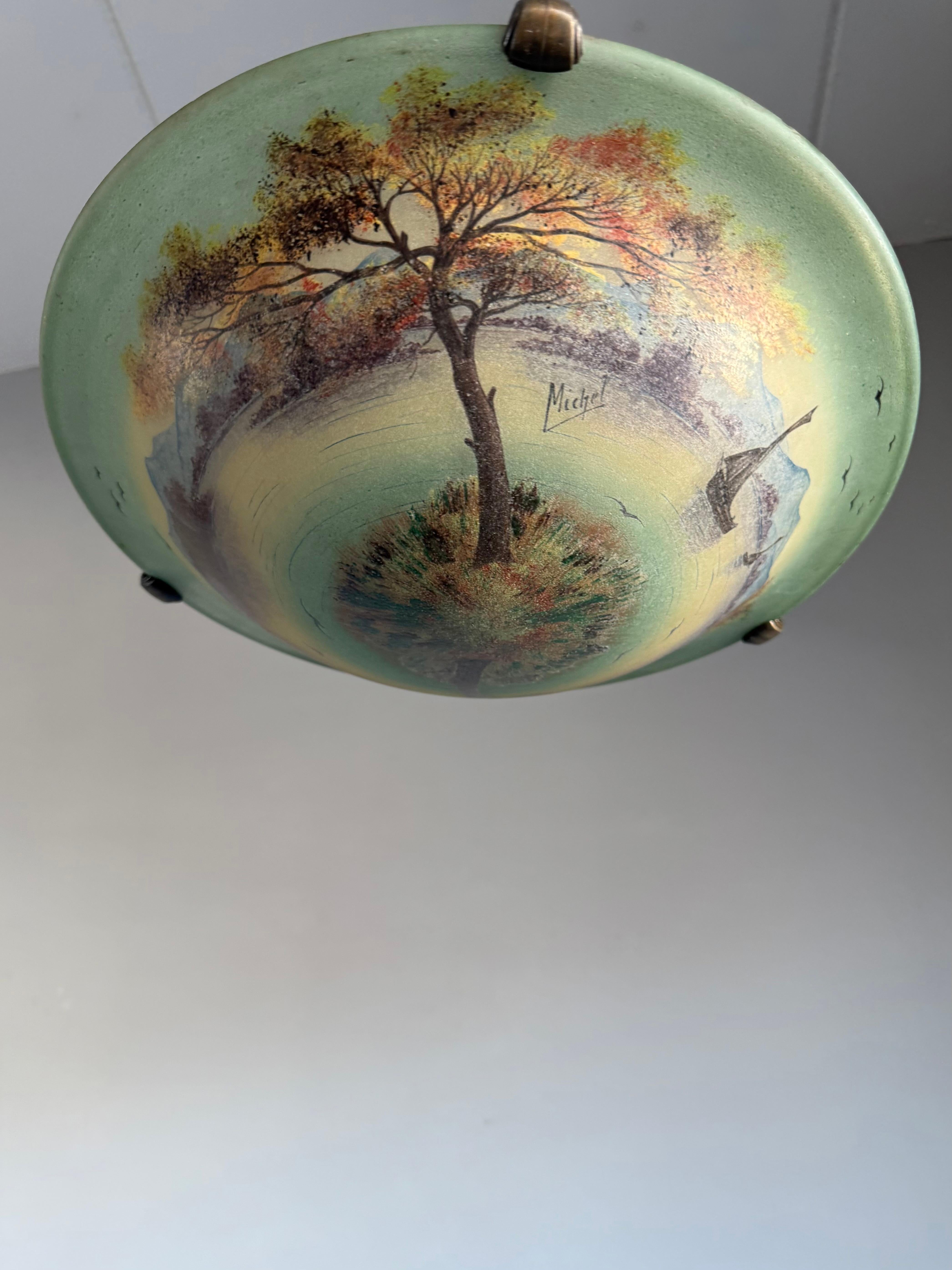 Cast Rare Hand Painted Arts and Crafts Mountain Lake Scene Glass Flush Mount, Signed For Sale