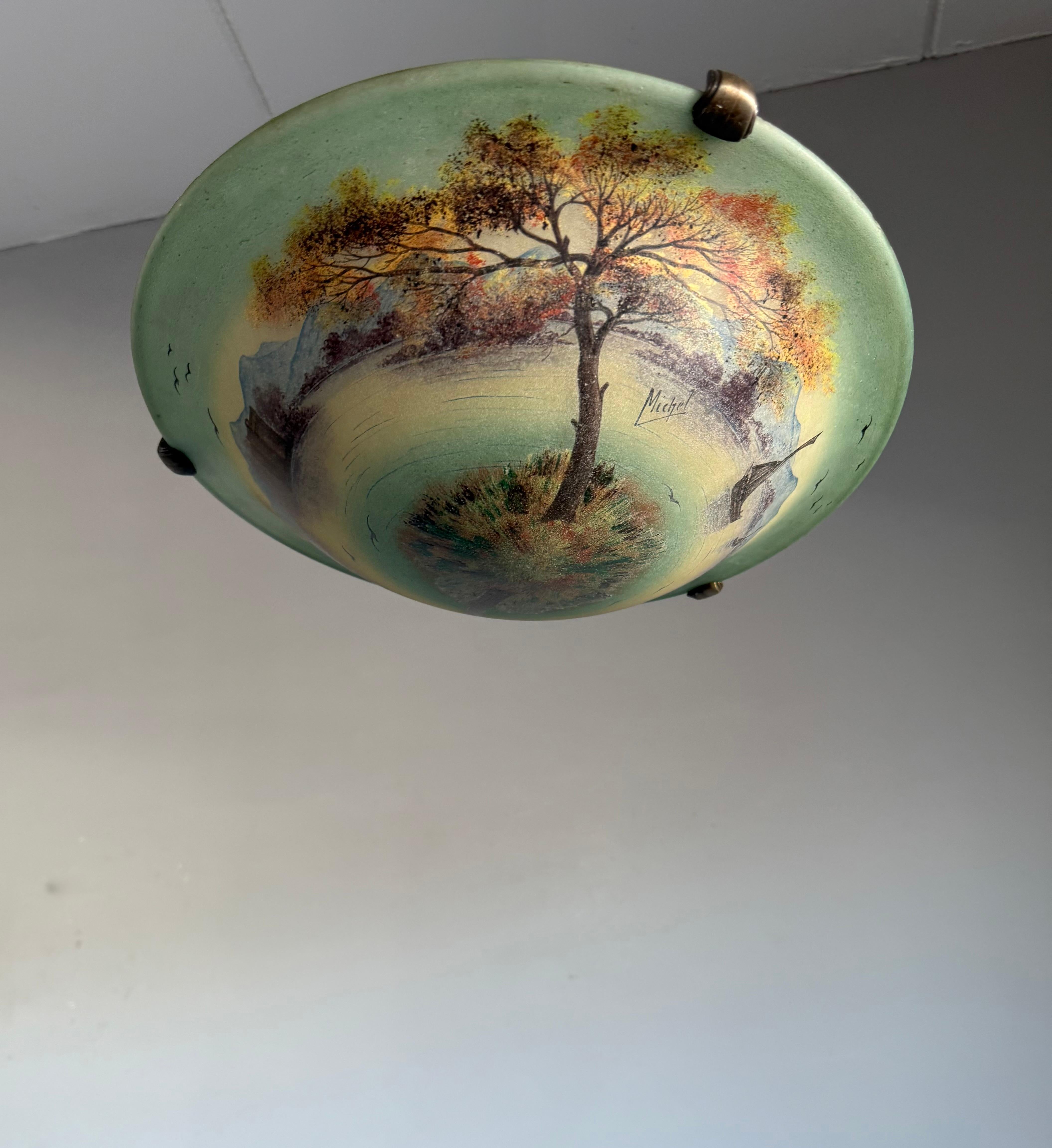 Rare Hand Painted Arts and Crafts Mountain Lake Scene Glass Flush Mount, Signed In Good Condition For Sale In Lisse, NL