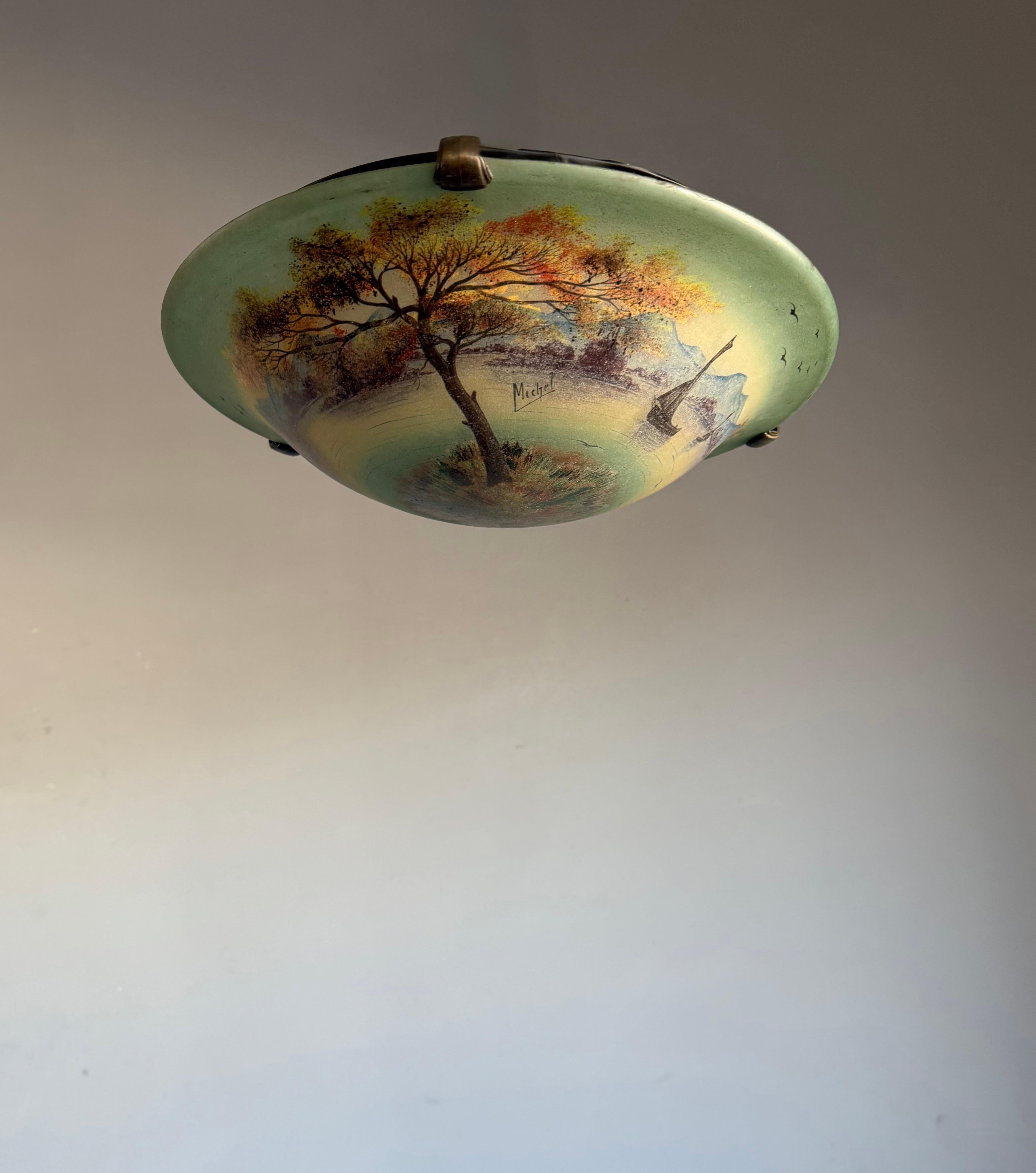 20th Century Rare Hand Painted Arts and Crafts Mountain Lake Scene Glass Flush Mount, Signed For Sale