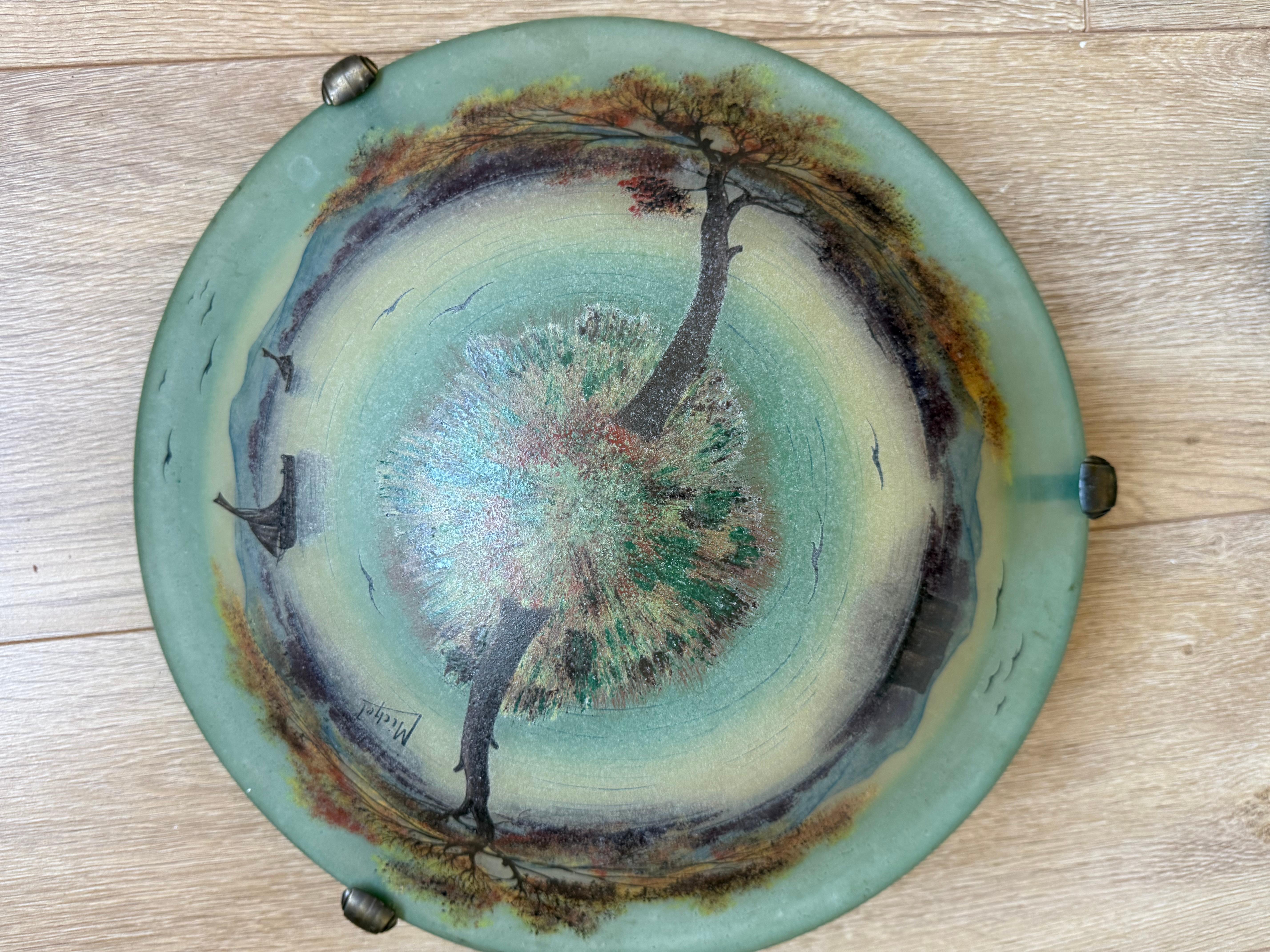 Brass Rare Hand Painted Arts and Crafts Mountain Lake Scene Glass Flush Mount, Signed For Sale
