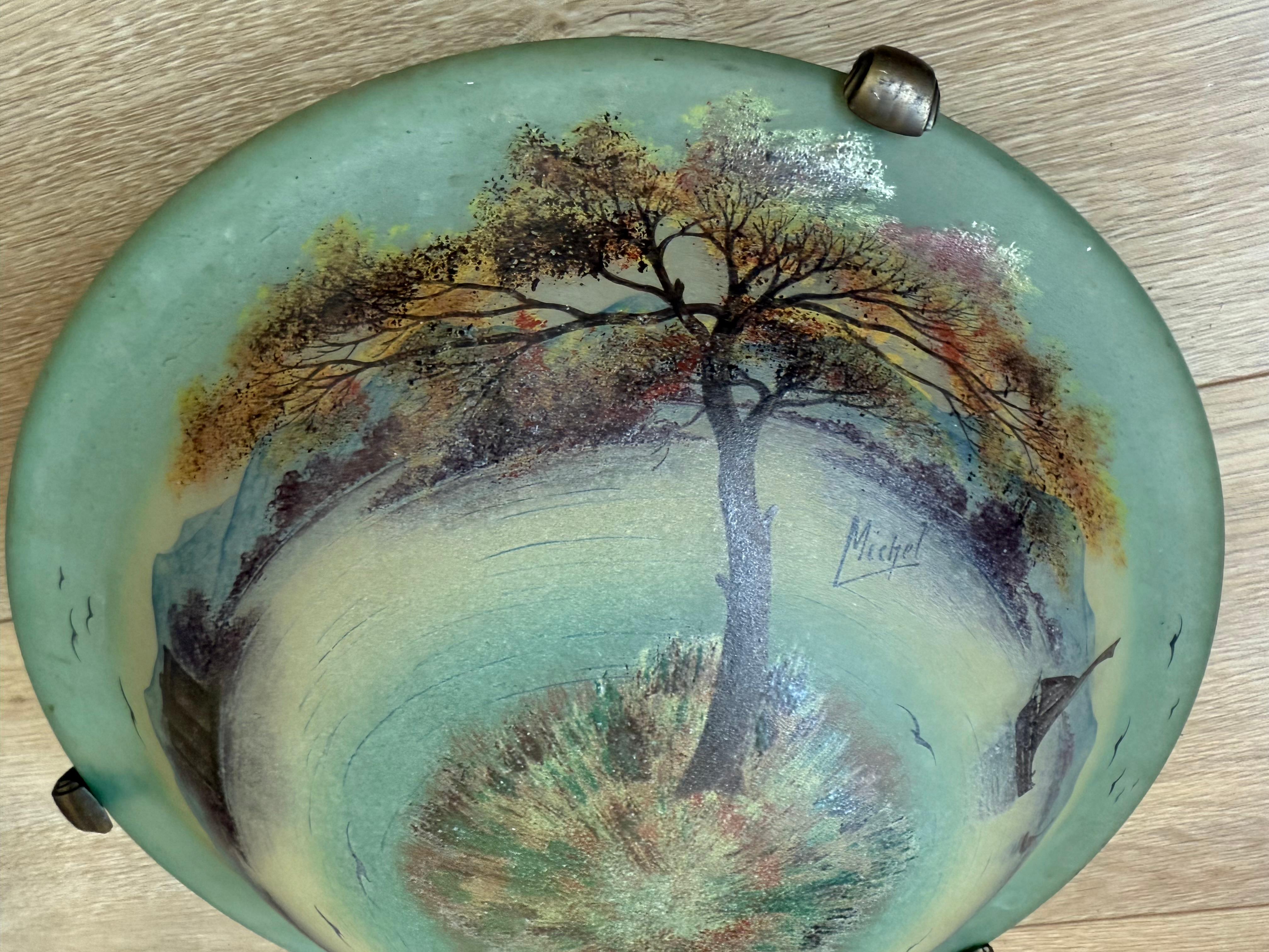 Rare Hand Painted Arts and Crafts Mountain Lake Scene Glass Flush Mount, Signed For Sale 1