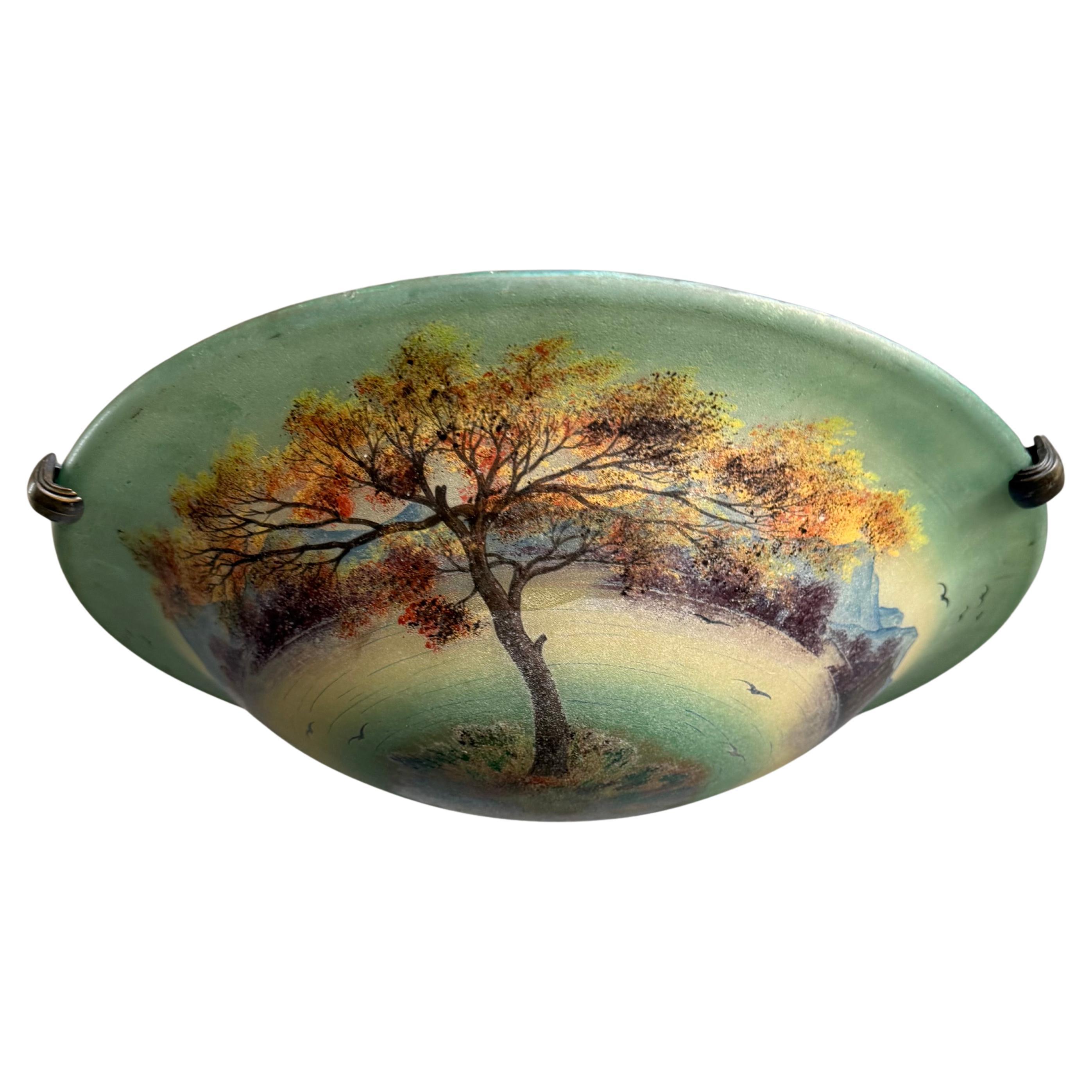 Rare Hand Painted Arts and Crafts Mountain Lake Scene Glass Flush Mount, Signed