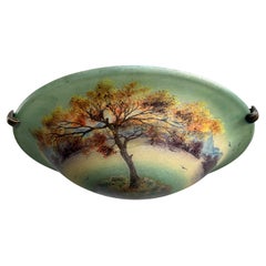 Raro empotrable de cristal pintado a mano Arts and Crafts Mountain Lake Scene, firmado