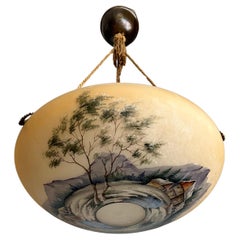 Antique Rare Hand Painted Arts and Crafts Mountain Lakehouse Legras Glass Pendant Light