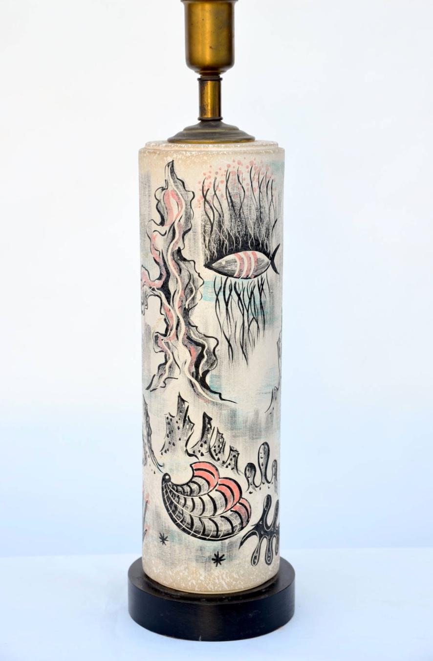 Rara lámpara de mesa cilíndrica pintada a mano por TYE of California en Bueno estado para la venta en Los Angeles, CA