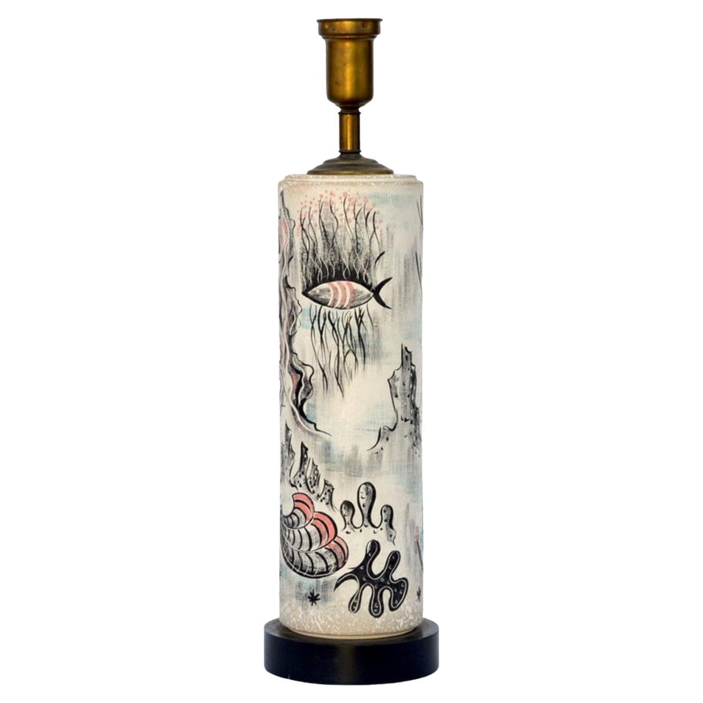 Rare Hand Painted Cylinder Table lamp by TYE of California For Sale