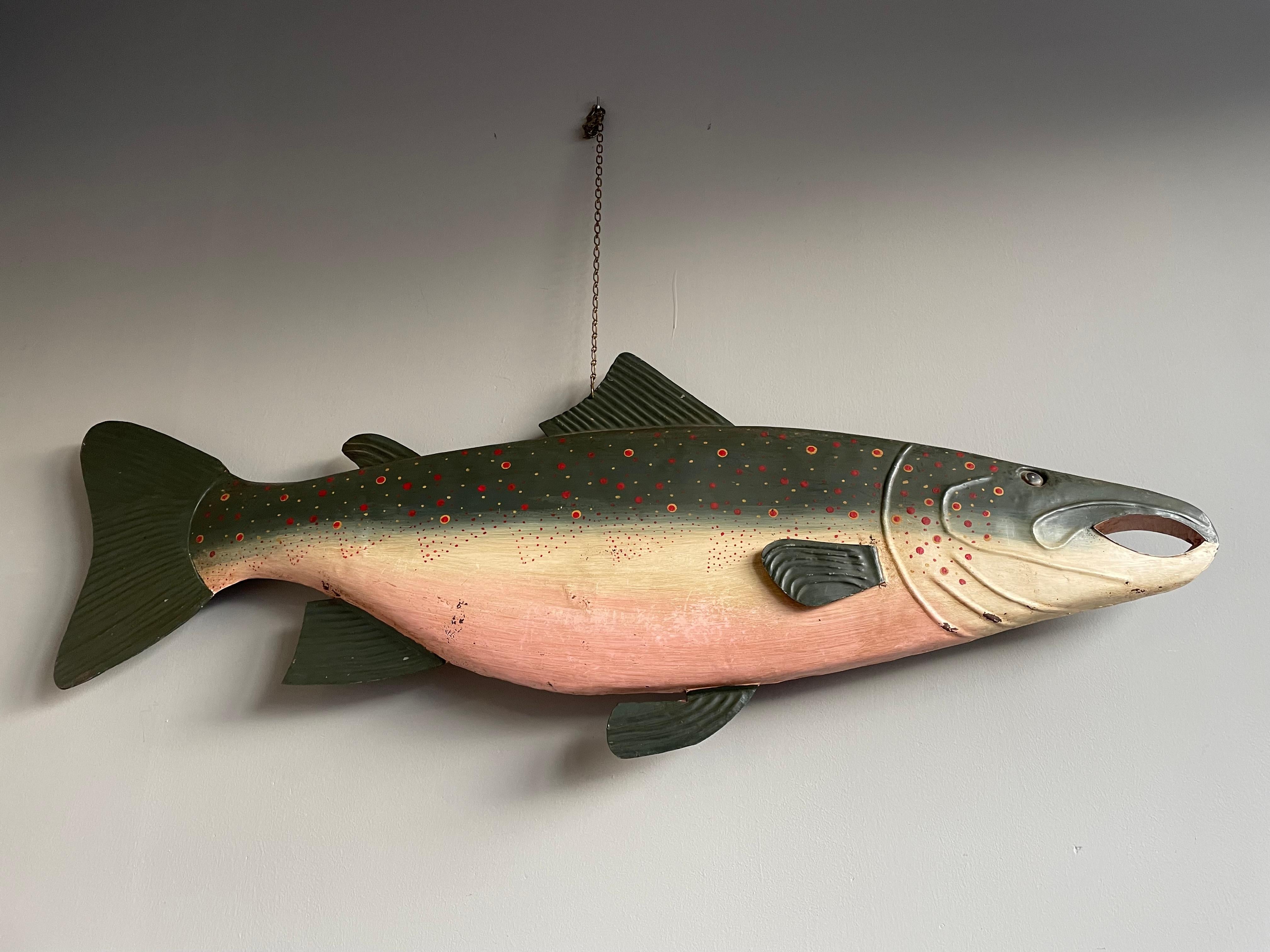 Rare & Hand Painted Near Antique Folk Art Metal Salmon Sign from Fish Monger's For Sale 1