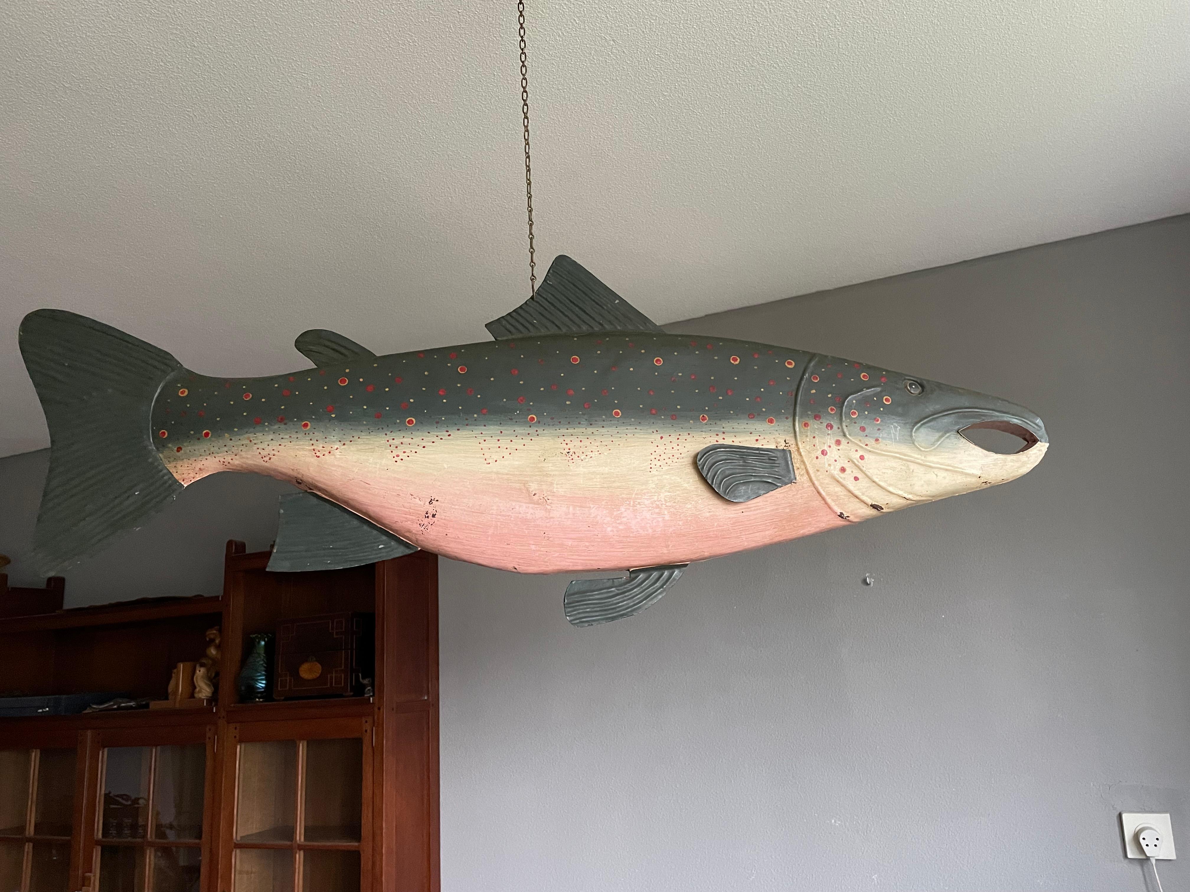 Raro y Pintado a Mano Casi Antiguo Cartel de Metal Artístico de Salmón de Fish Monger's 4