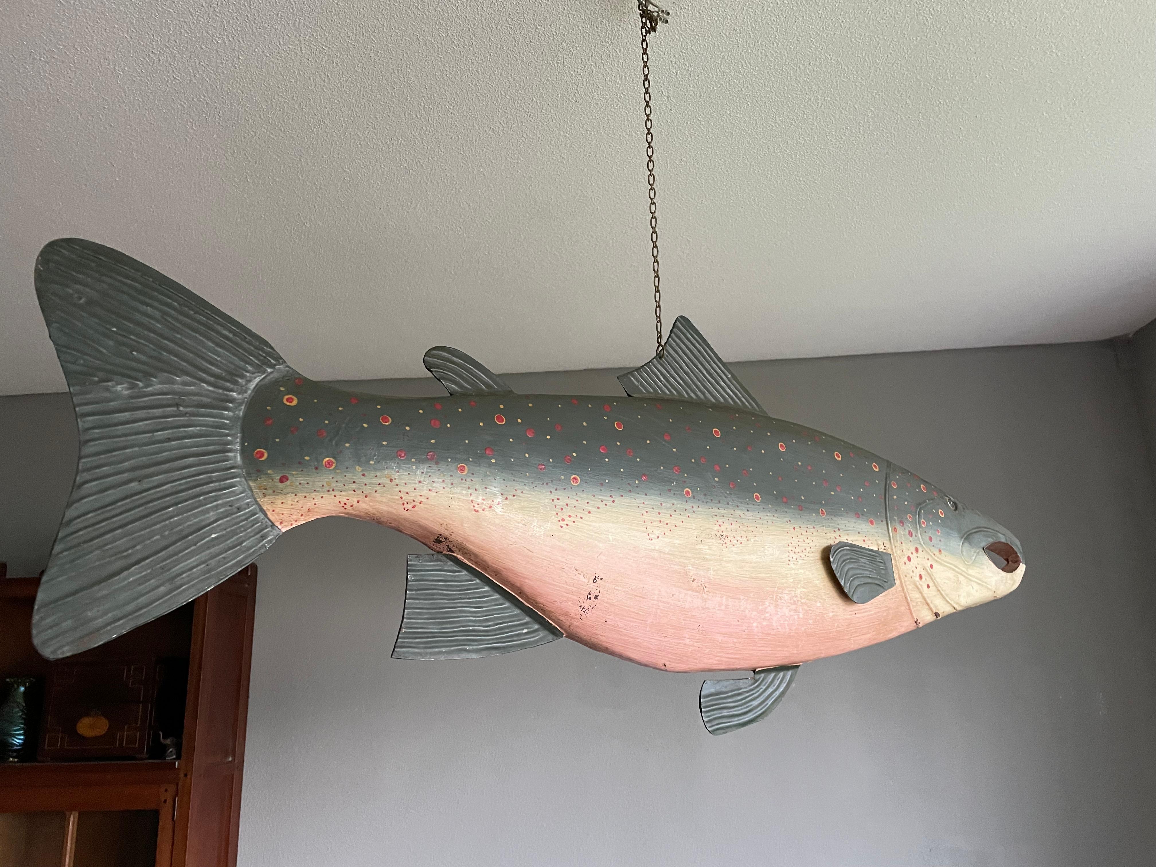 Rare & Hand Painted Near Antique Folk Art Metal Salmon Sign from Fish Monger's For Sale 3