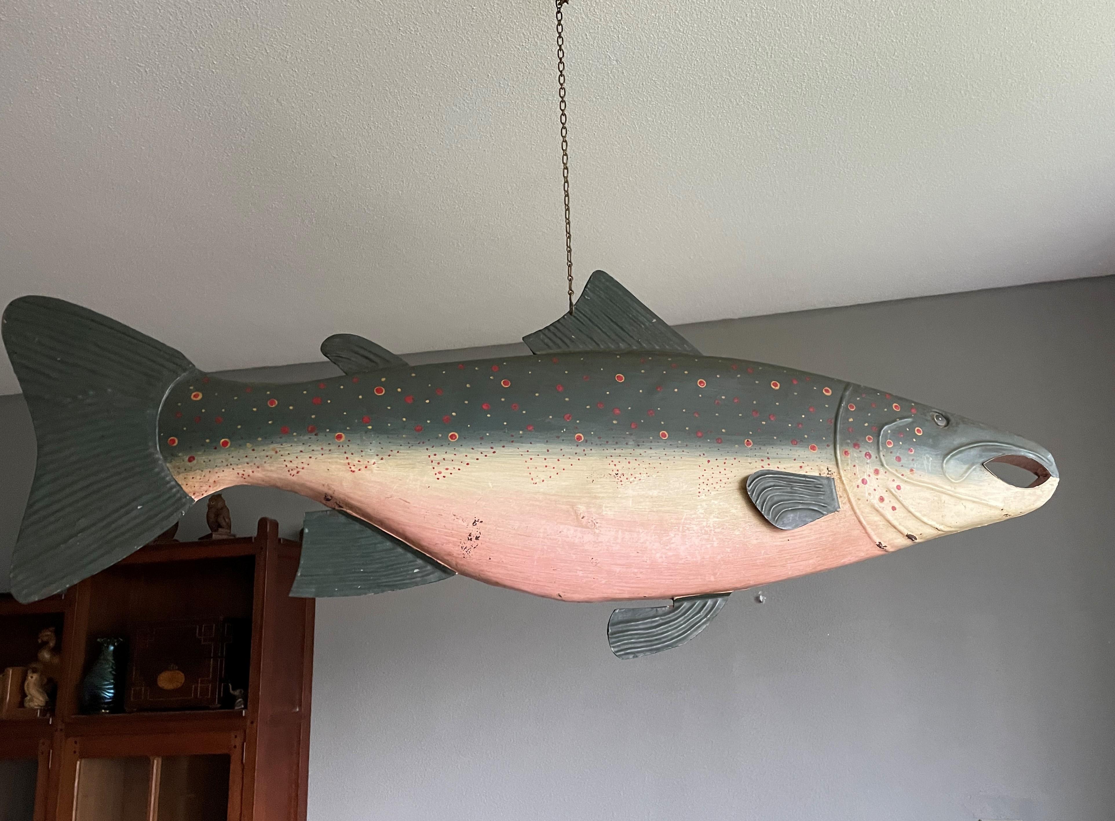 Raro y Pintado a Mano Casi Antiguo Cartel de Metal Artístico de Salmón de Fish Monger's 6