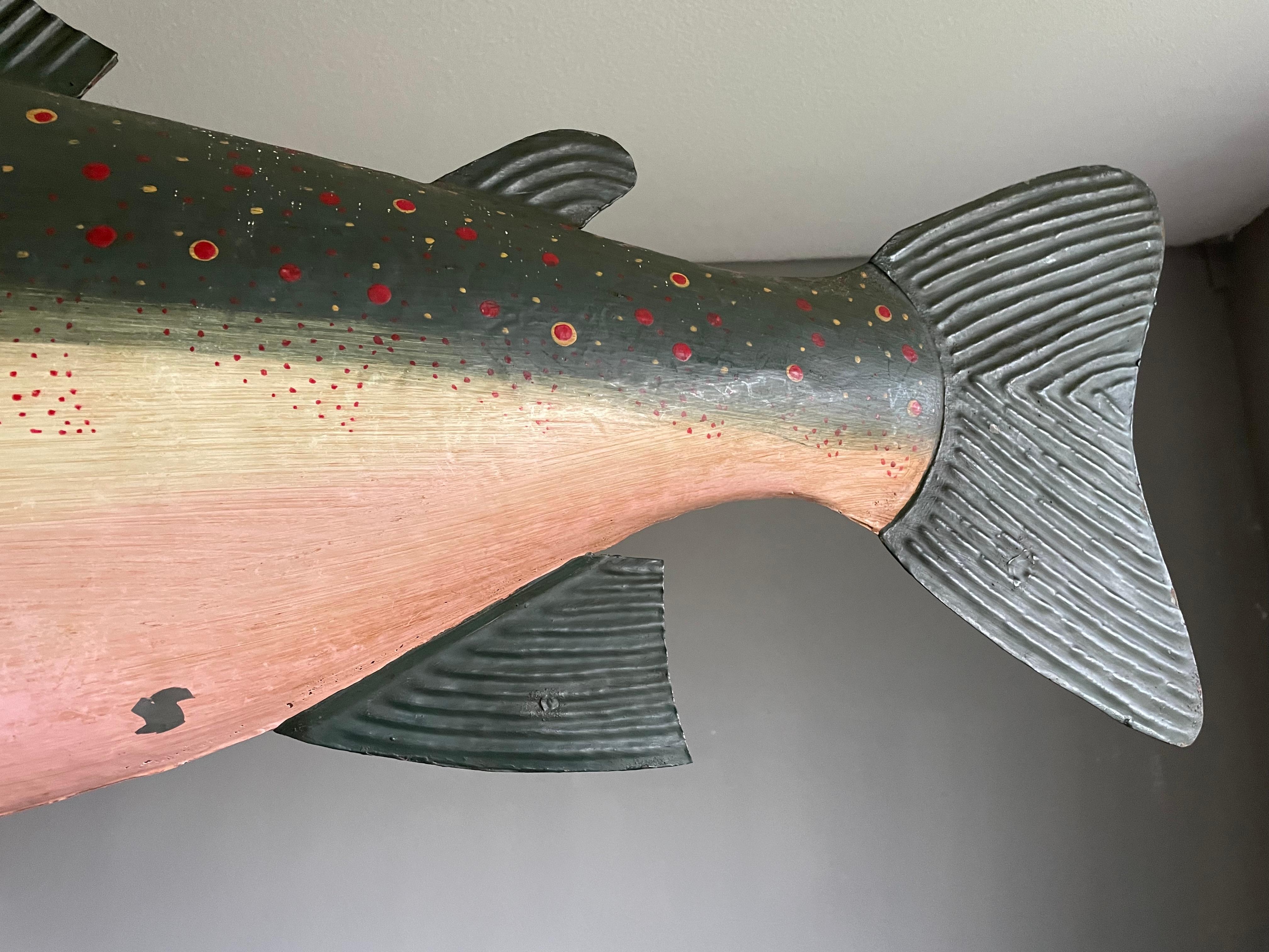 Rare & Hand Painted Near Antique Folk Art Metal Salmon Sign from Fish Monger's For Sale 6