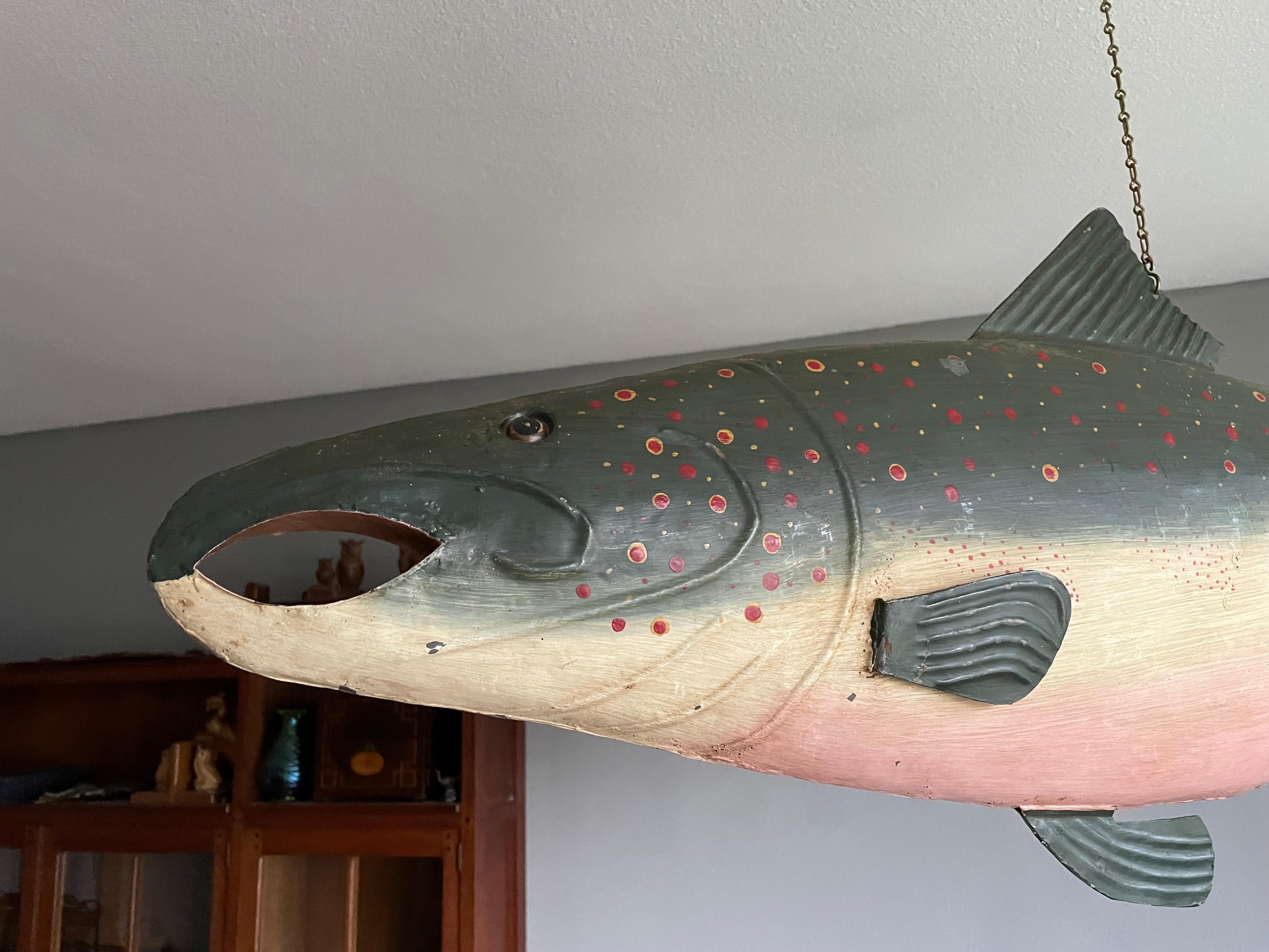 Rare & Hand Painted Near Antique Folk Art Metal Salmon Sign from Fish Monger's For Sale 7