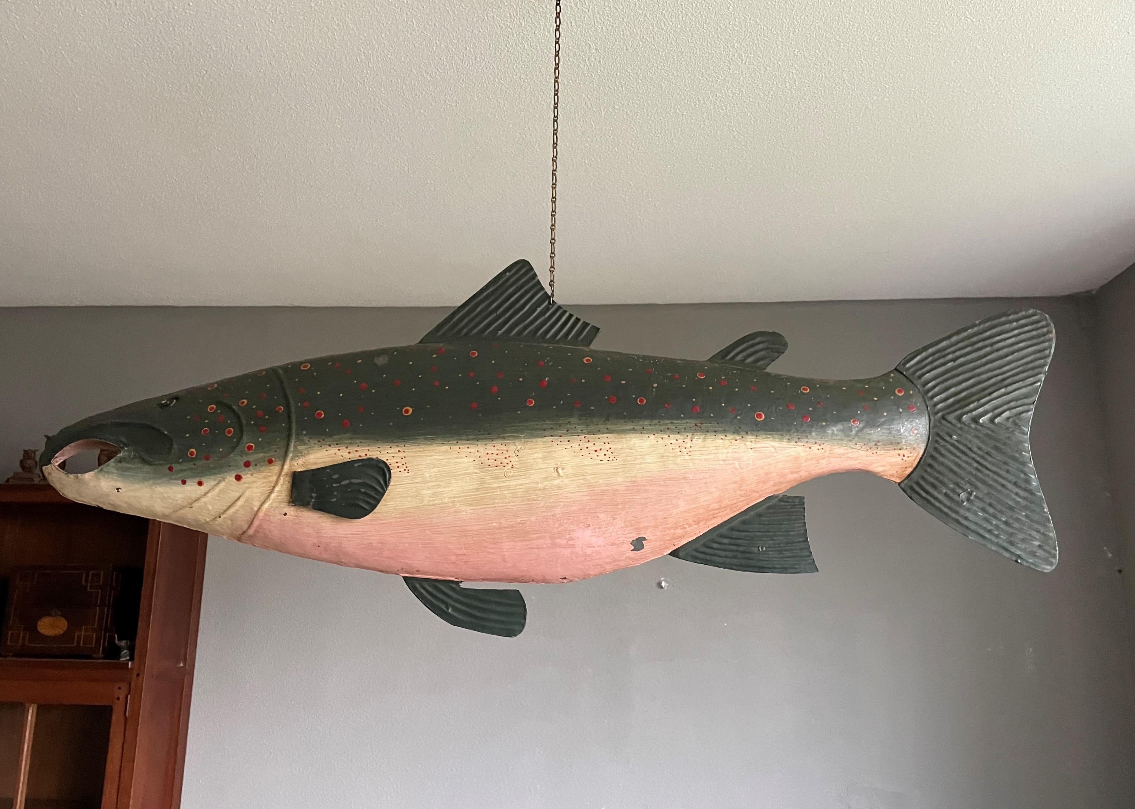 Rare & Hand Painted Near Antique Folk Art Metal Salmon Sign from Fish Monger's For Sale 8