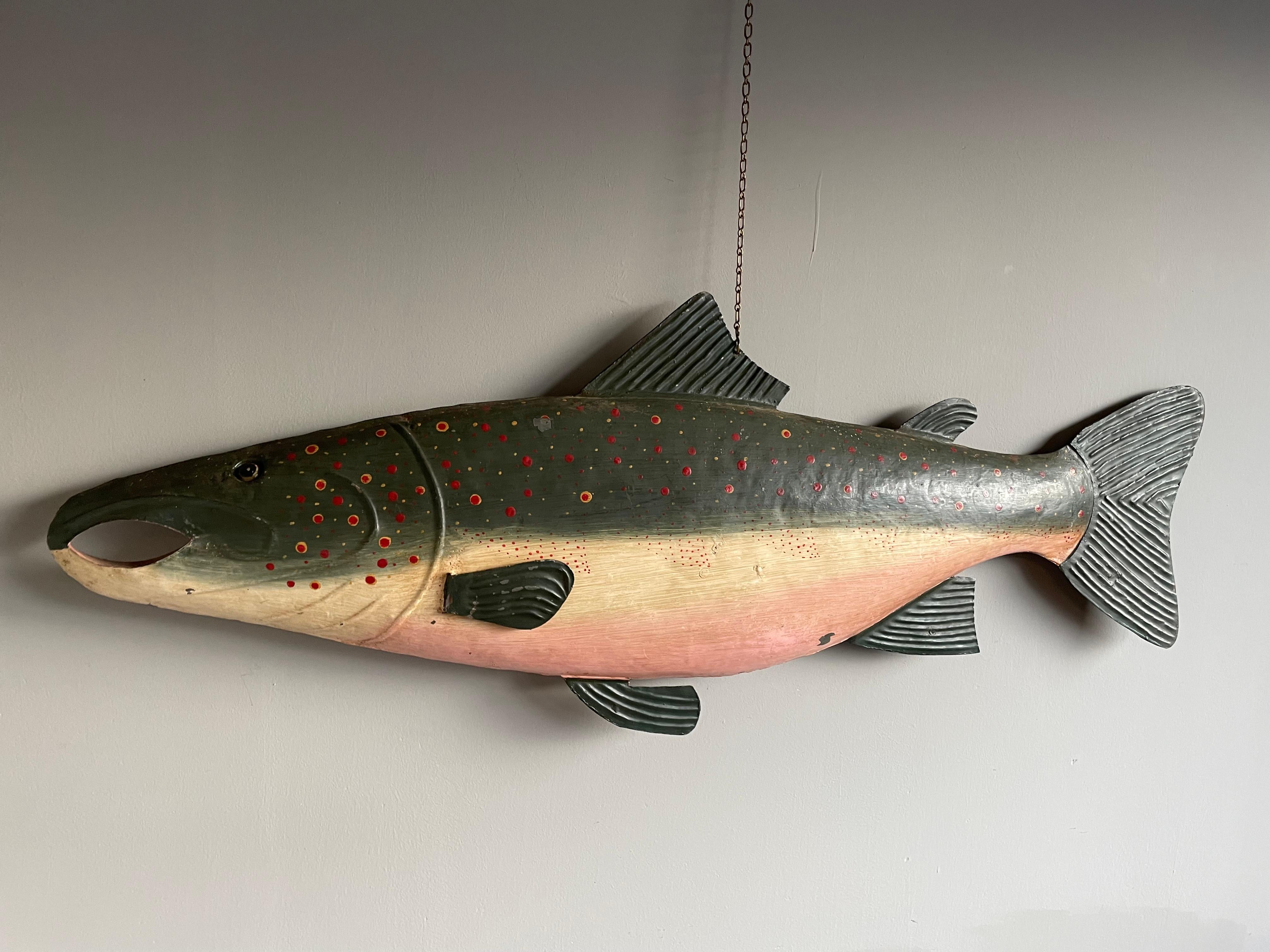 Rare & Hand Painted Near Antique Folk Art Metal Salmon Sign from Fish Monger's For Sale 9