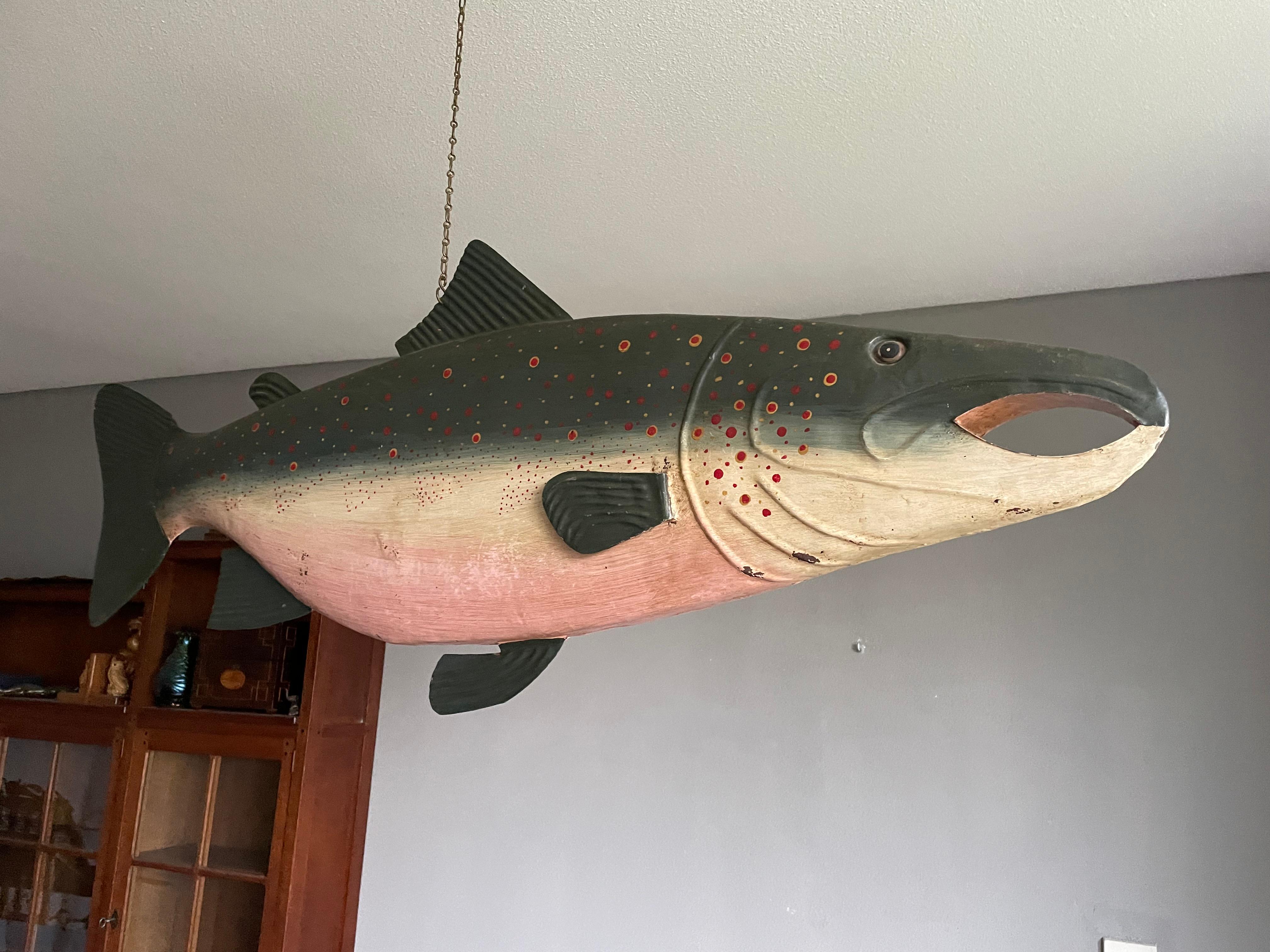 Rare & Hand Painted Near Antique Folk Art Metal Salmon Sign from Fish Monger's For Sale 10