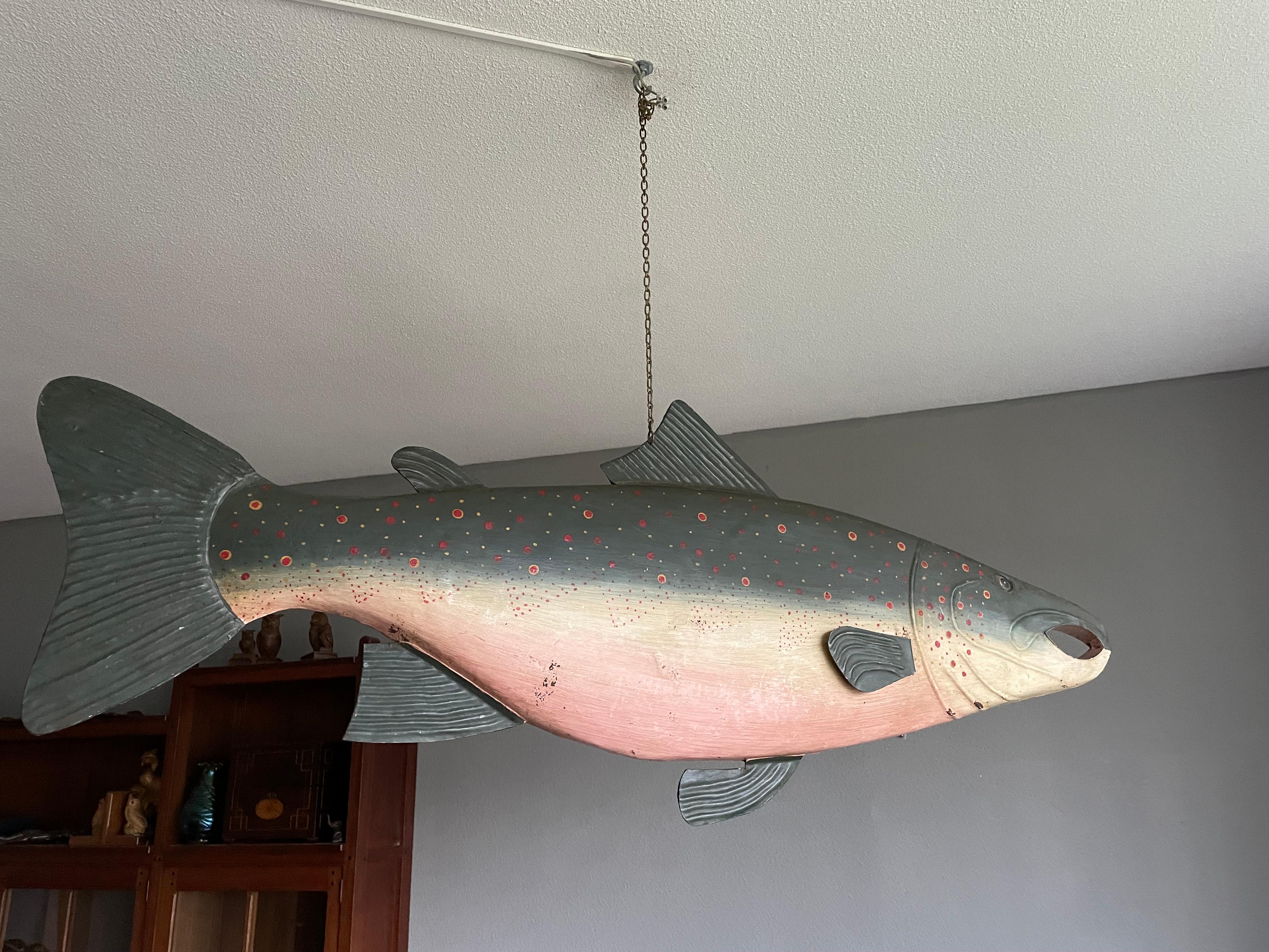 Raro y Pintado a Mano Casi Antiguo Cartel de Metal Artístico de Salmón de Fish Monger's 13