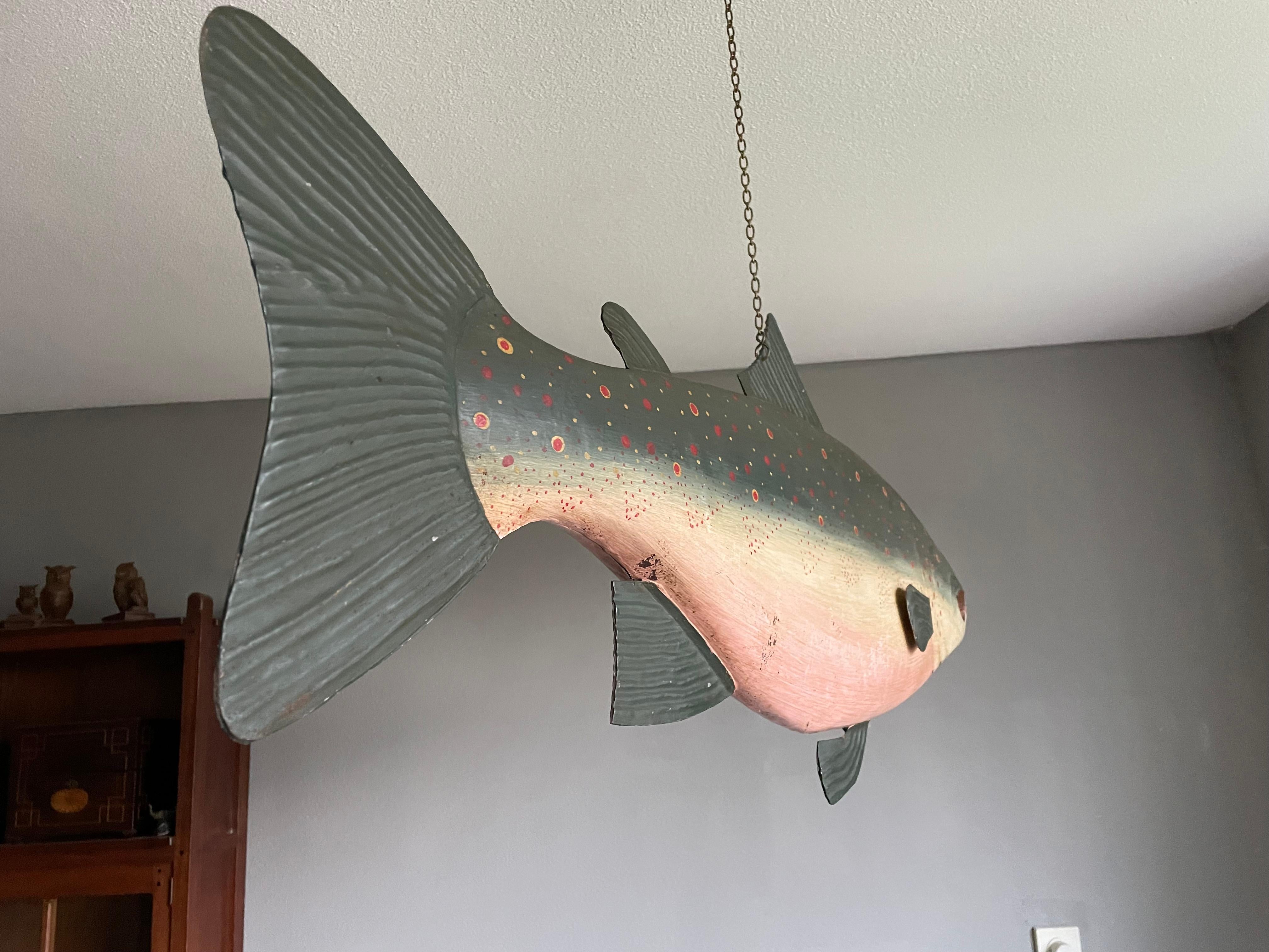 French Rare & Hand Painted Near Antique Folk Art Metal Salmon Sign from Fish Monger's For Sale