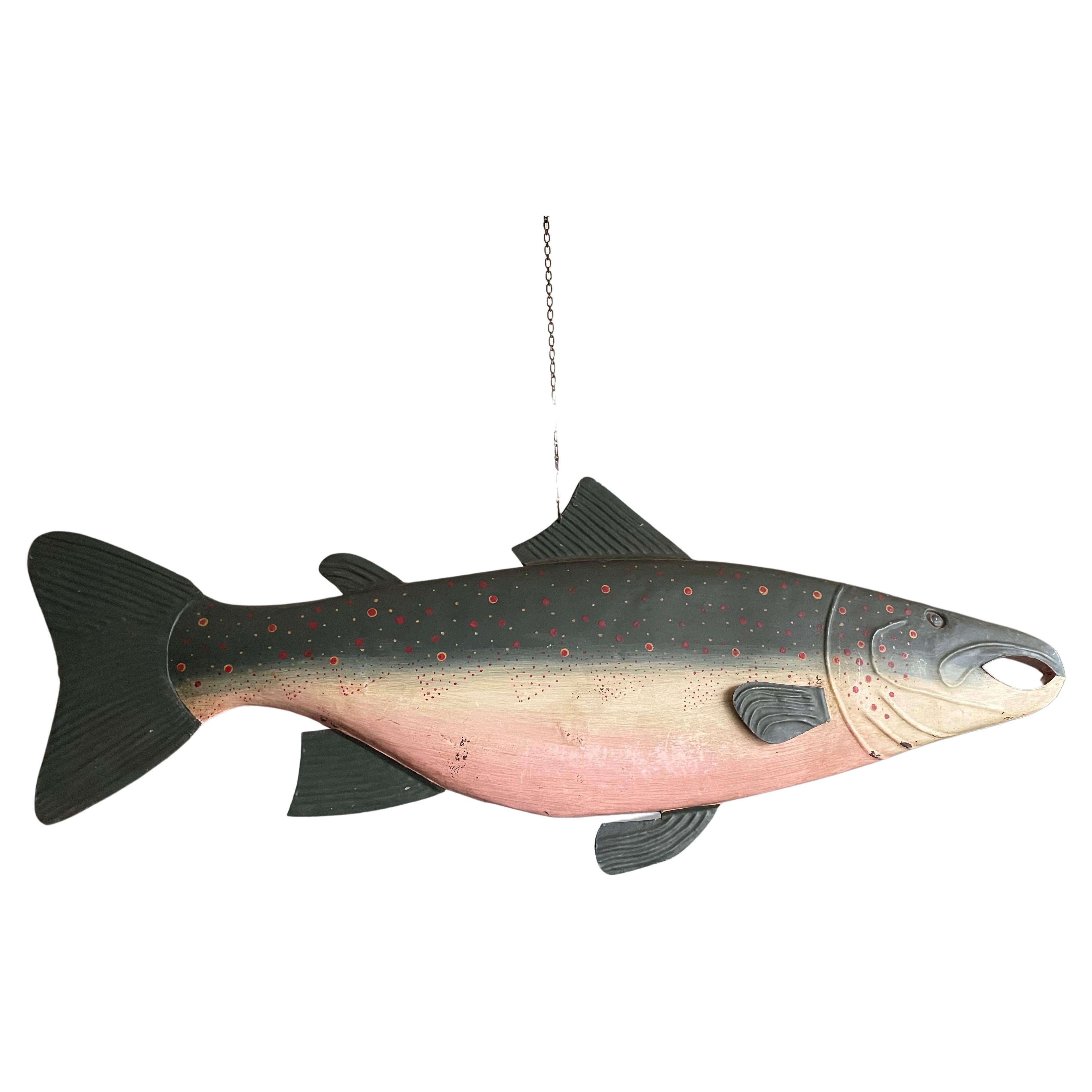Rare & Hand Painted Near Antique Folk Art Metal Salmon Sign from Fish Monger's