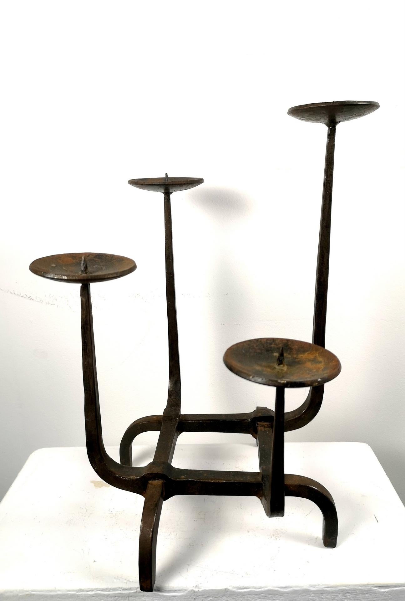 Late 20th Century Rare Hand-Wrought Iron Candelabra, in Brutalist Style, 1970's