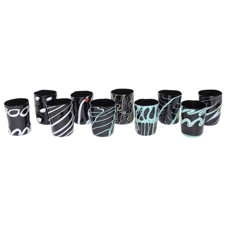 Rare Handblown Black Murano Glass Tumblers, Set of Ten For Sale