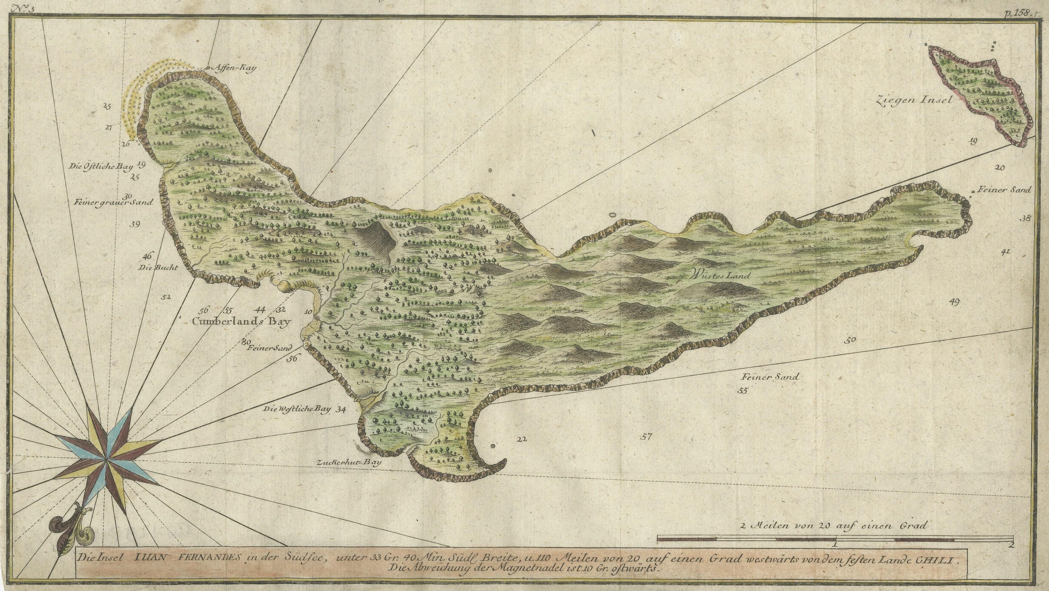 Antique map titled 'Die Insel Iuan Fernandes in der Sudsee (..)'. This map depicts Robinson Crusoe, one of the Juan Fernández Islands. 

Robinson Crusoe Island, formerly known as Más a Tierra, is the second largest of the Juan Fernández Islands.