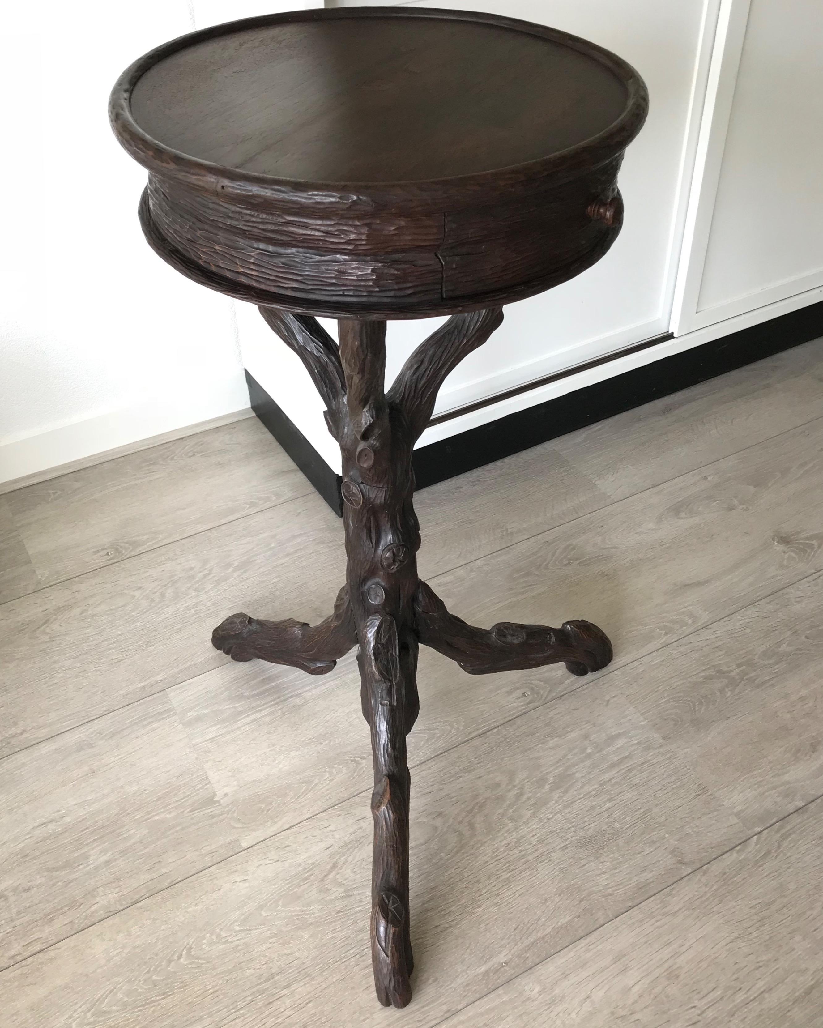 Rare & Handcrafted Antique Black Forest Nutwood Flower Table, Stand with Drawer 5