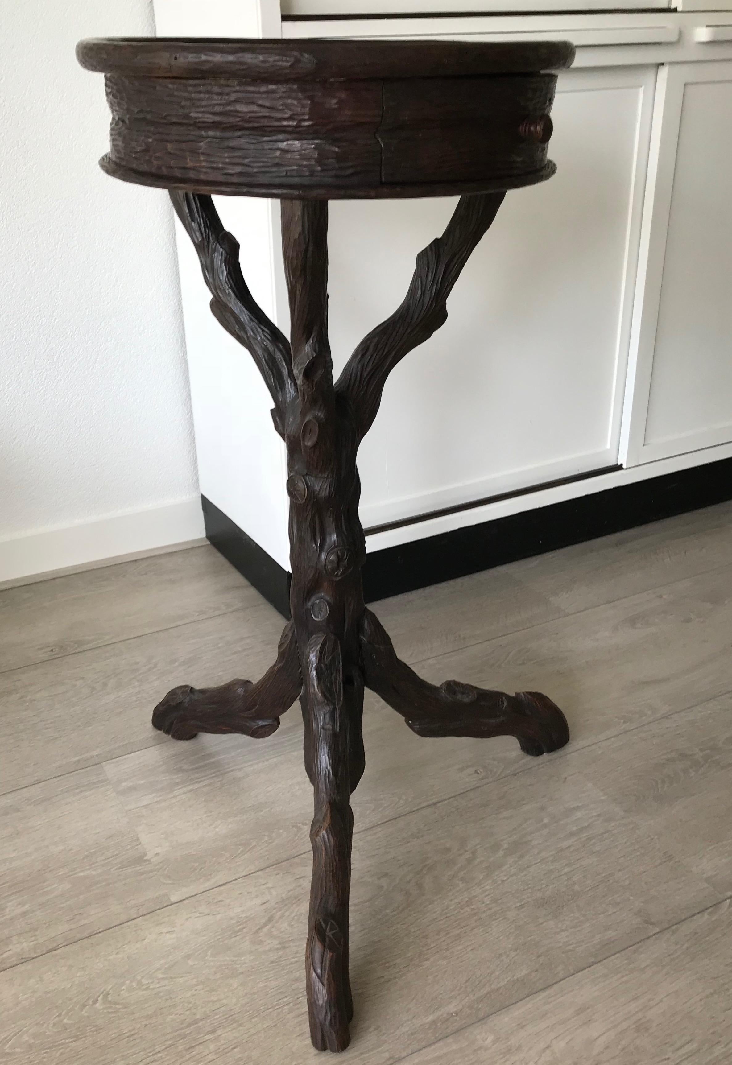 Rare & Handcrafted Antique Black Forest Nutwood Flower Table, Stand with Drawer 6