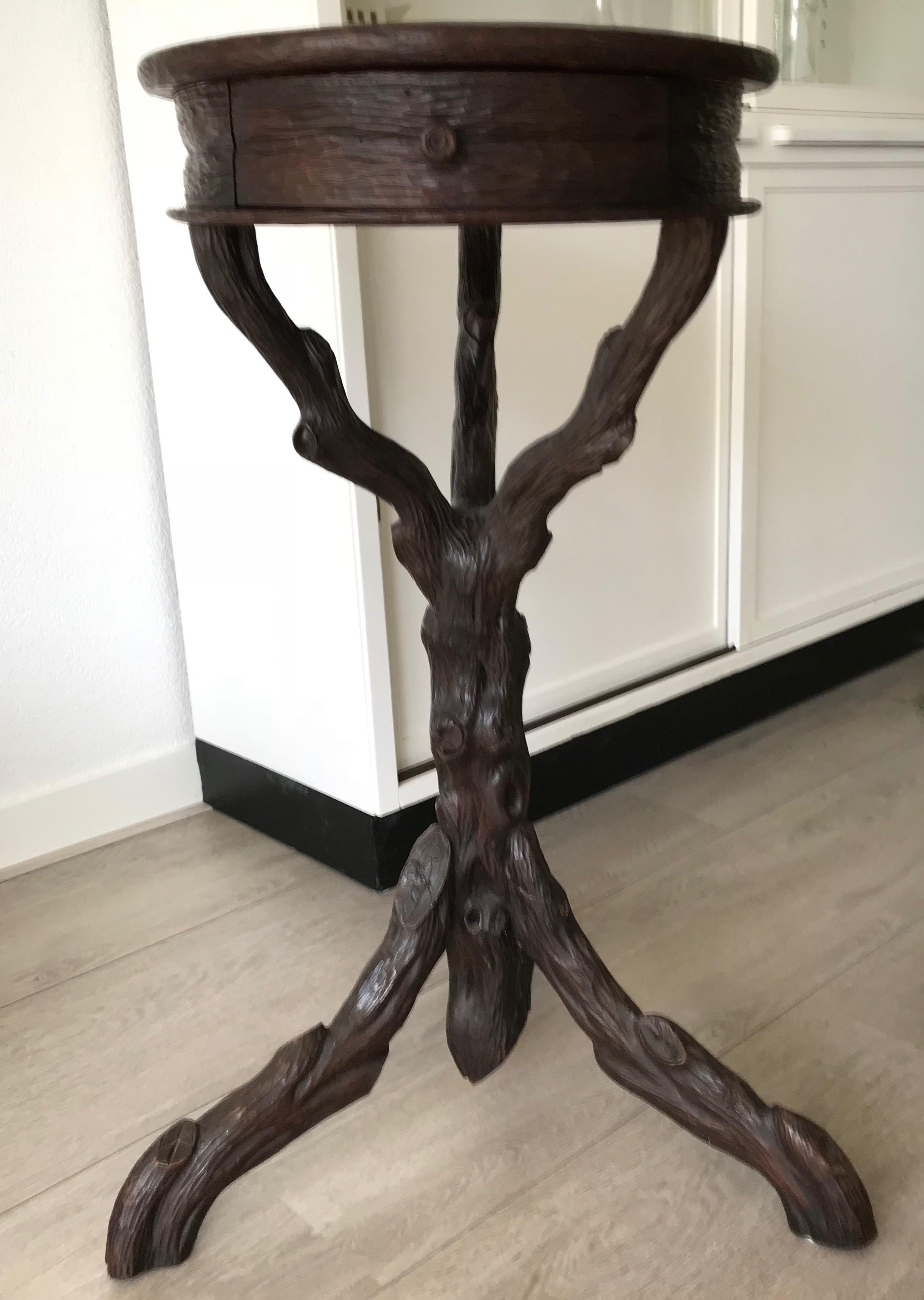 Rare & Handcrafted Antique Black Forest Nutwood Flower Table, Stand with Drawer 7