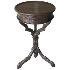 Rare & Handcrafted Antique Black Forest Nutwood Flower Table, Stand with Drawer