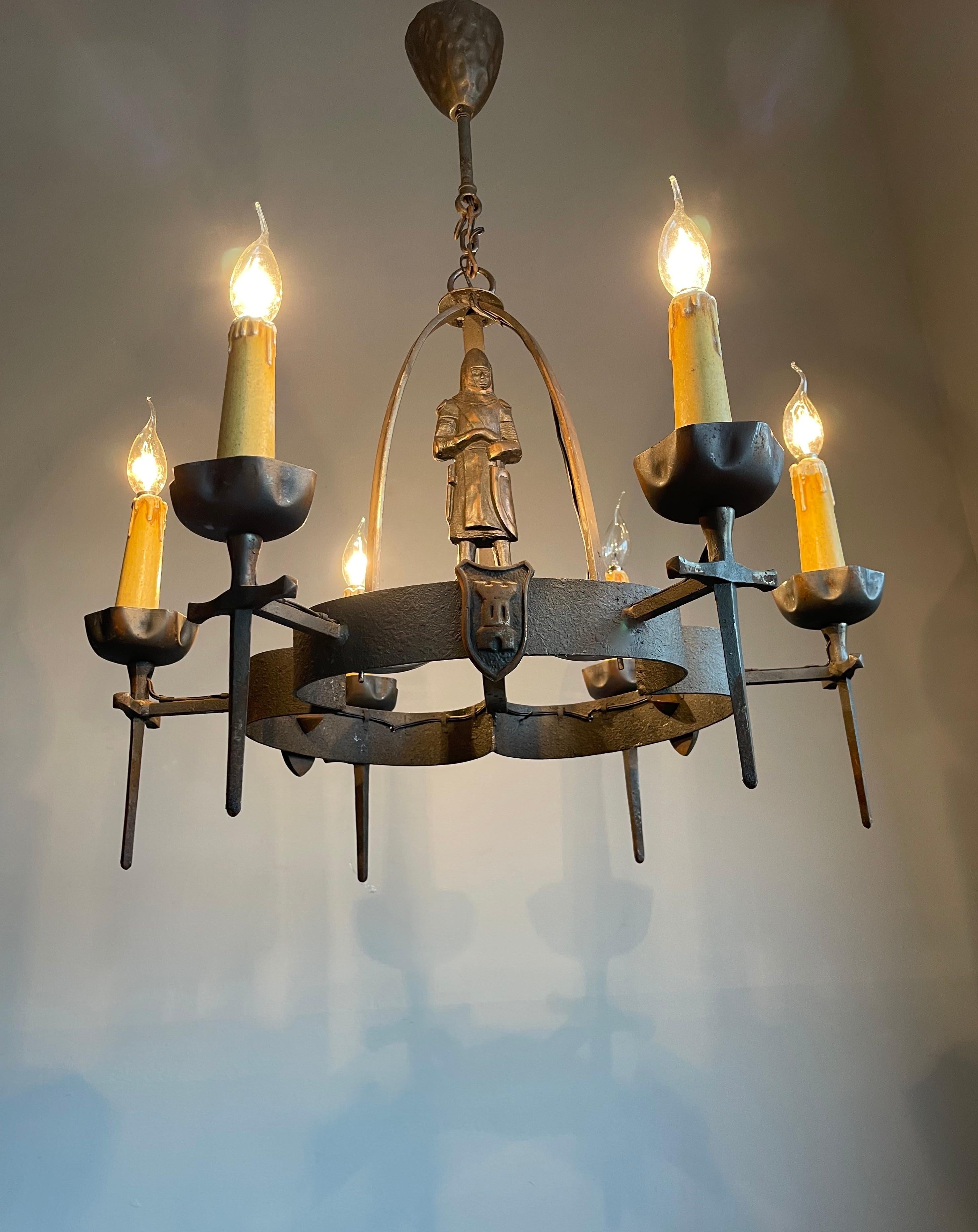Rare & Handcrafted Gothic Revival Bronzed Metal Knight with Sword Chandelier 2