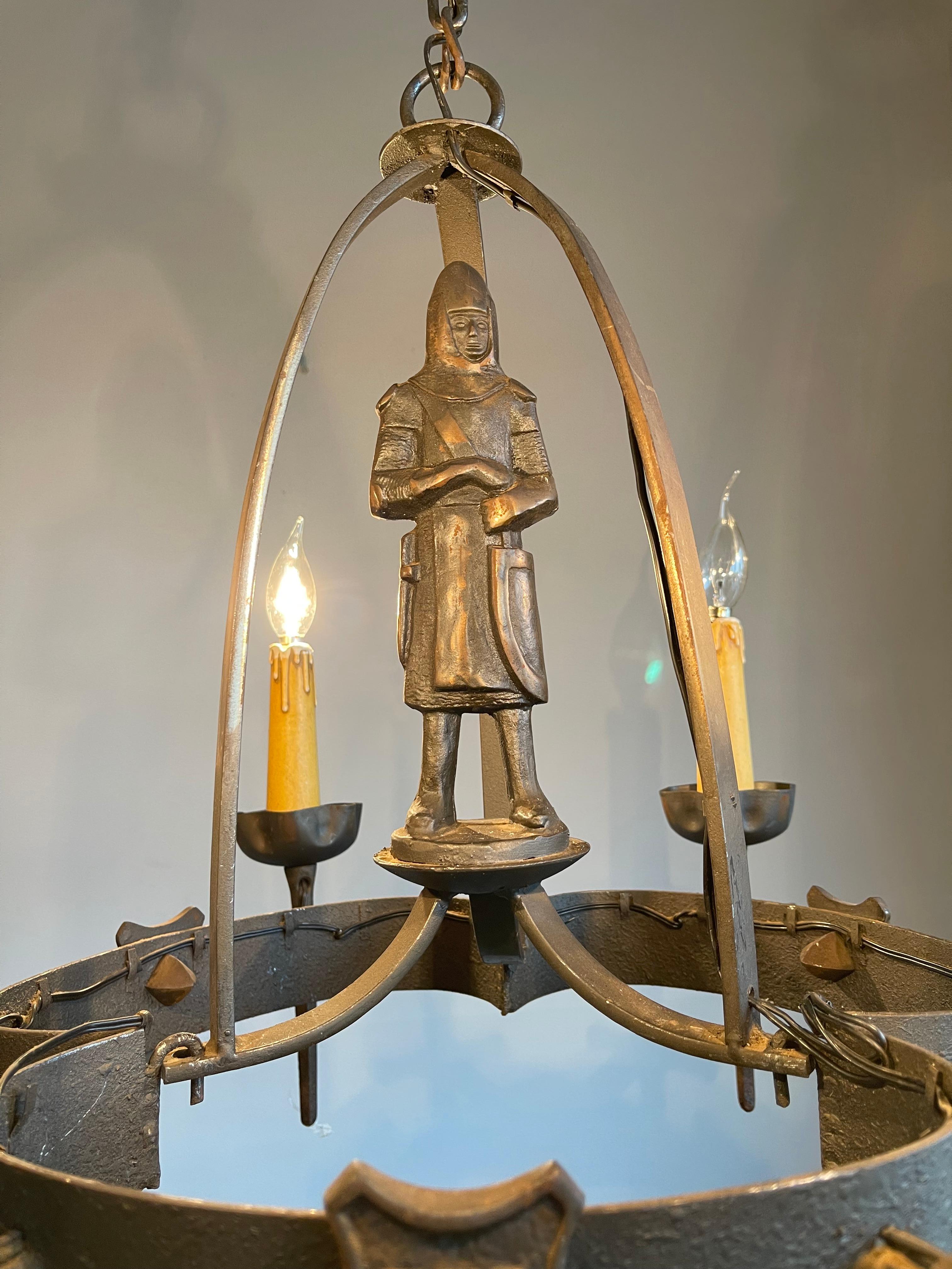 Rare & Handcrafted Gothic Revival Bronzed Metal Knight with Sword Chandelier For Sale 8