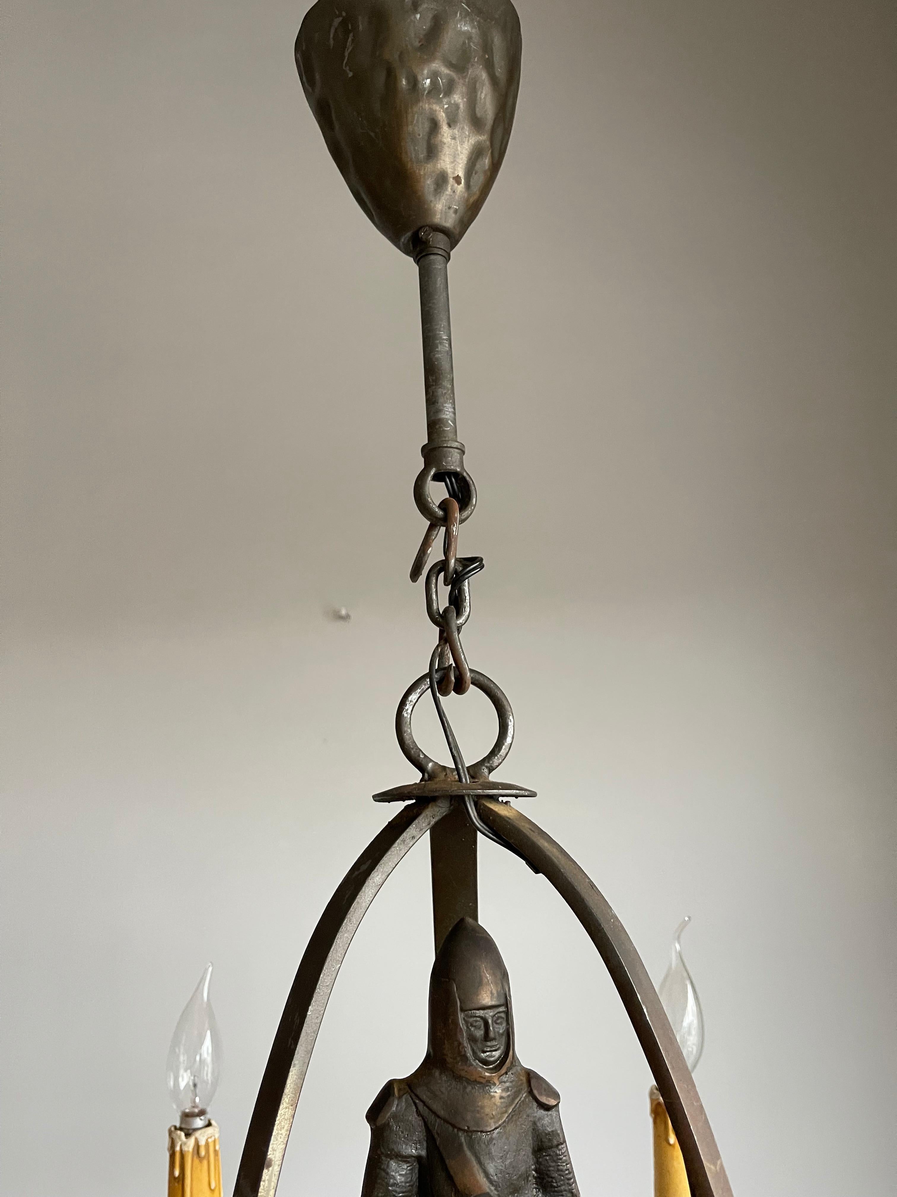 Rare & Handcrafted Gothic Revival Bronzed Metal Knight with Sword Chandelier 9