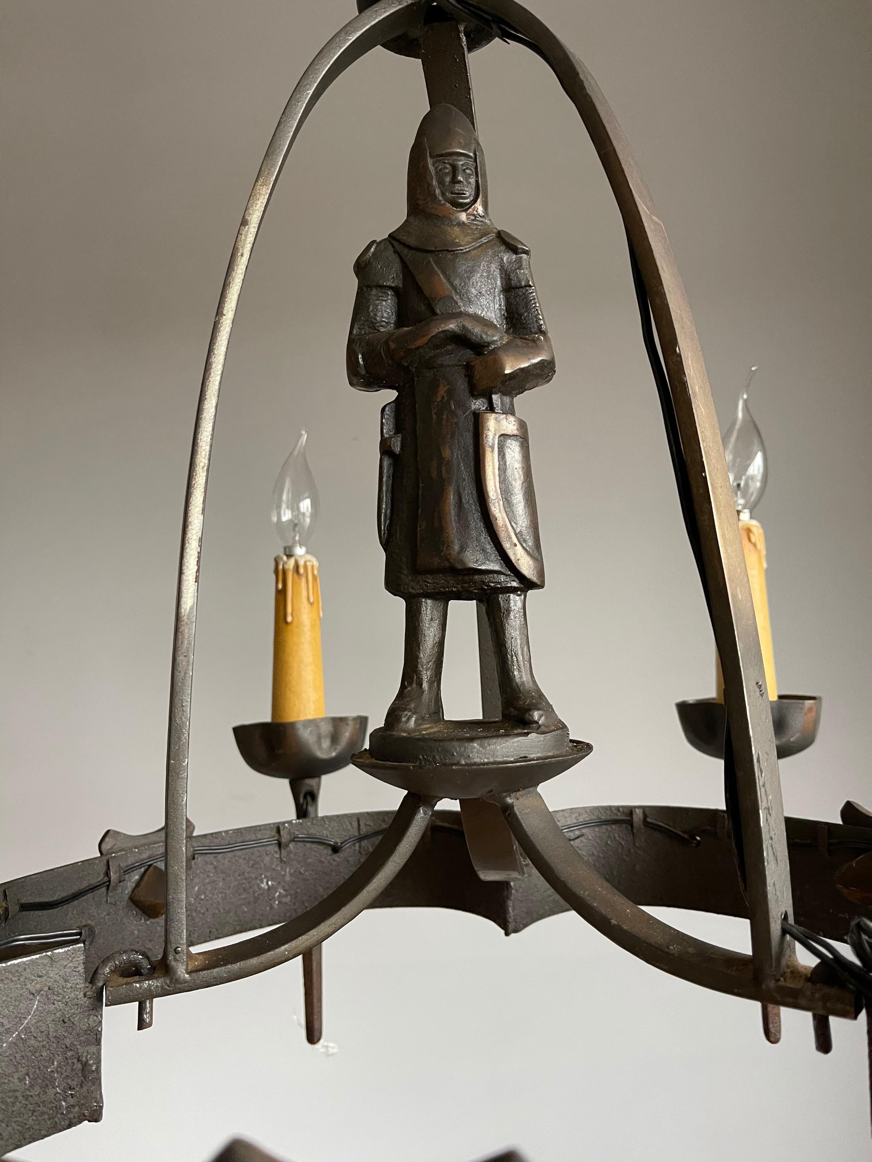 Rare & Handcrafted Gothic Revival Bronzed Metal Knight with Sword Chandelier For Sale 11