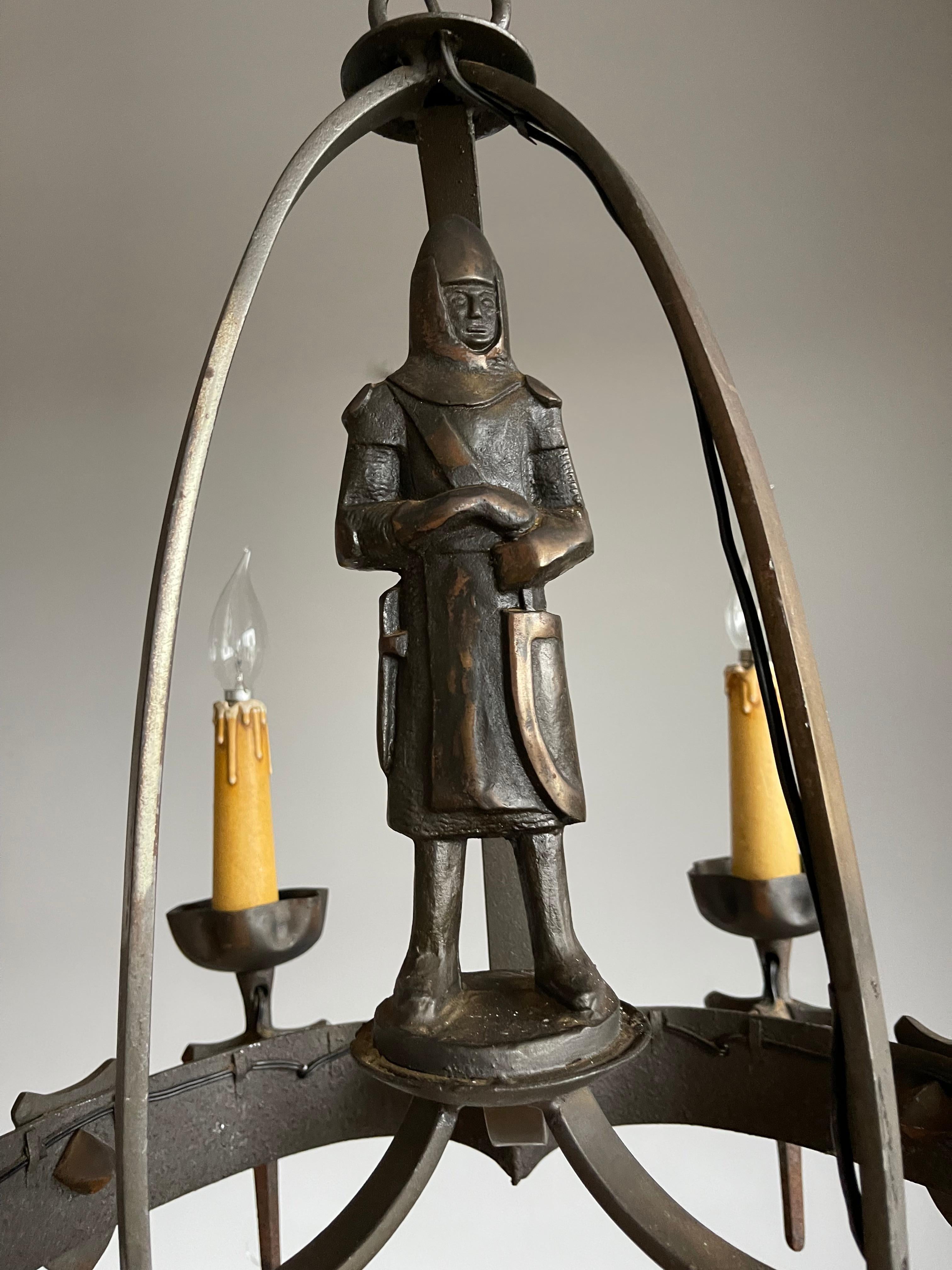 20th Century Rare & Handcrafted Gothic Revival Bronzed Metal Knight with Sword Chandelier For Sale