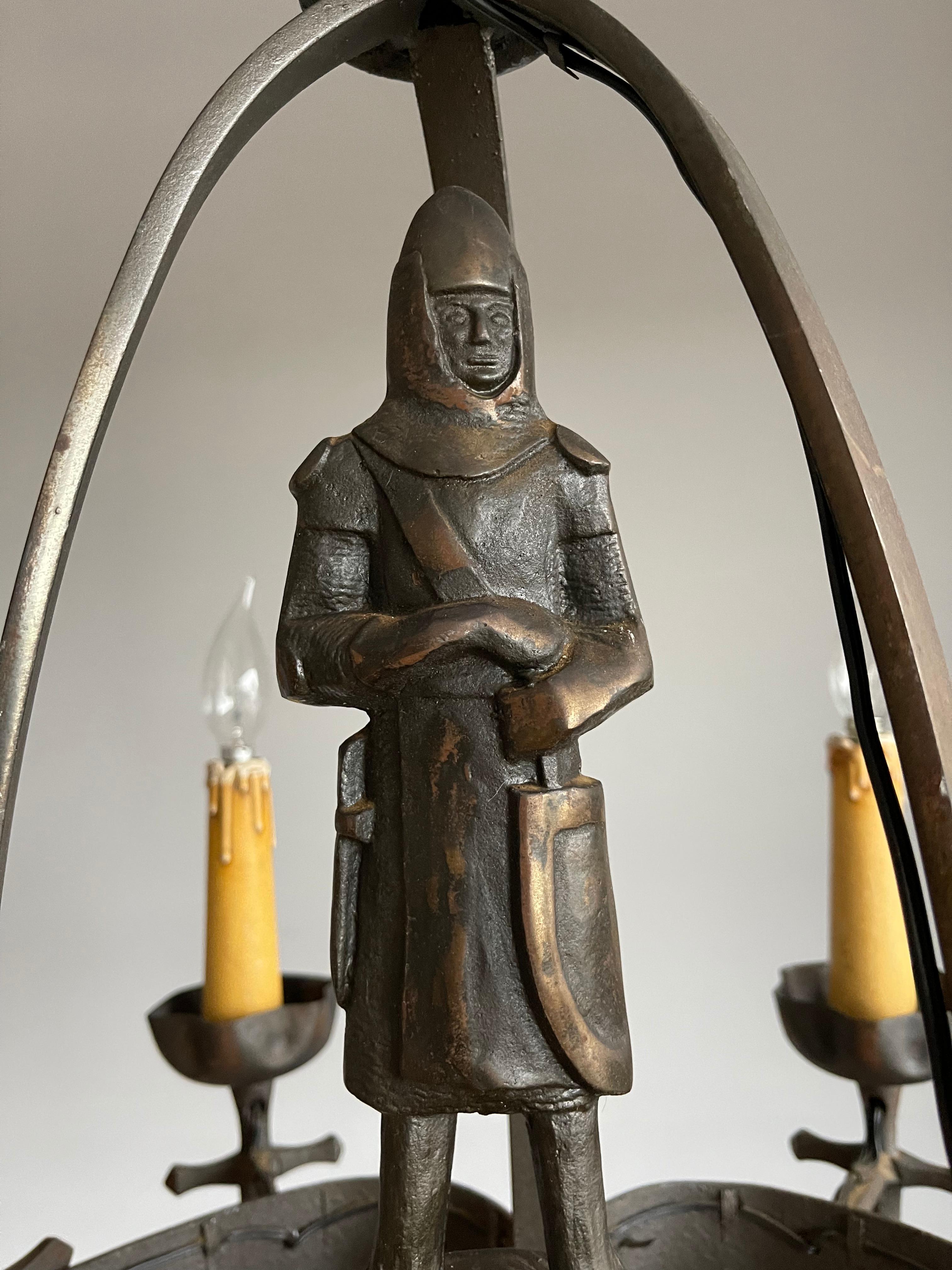 Iron Rare & Handcrafted Gothic Revival Bronzed Metal Knight with Sword Chandelier For Sale