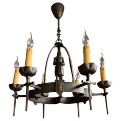 Rare & Handcrafted Gothic Revival Bronzed Metal Knight with Sword Chandelier