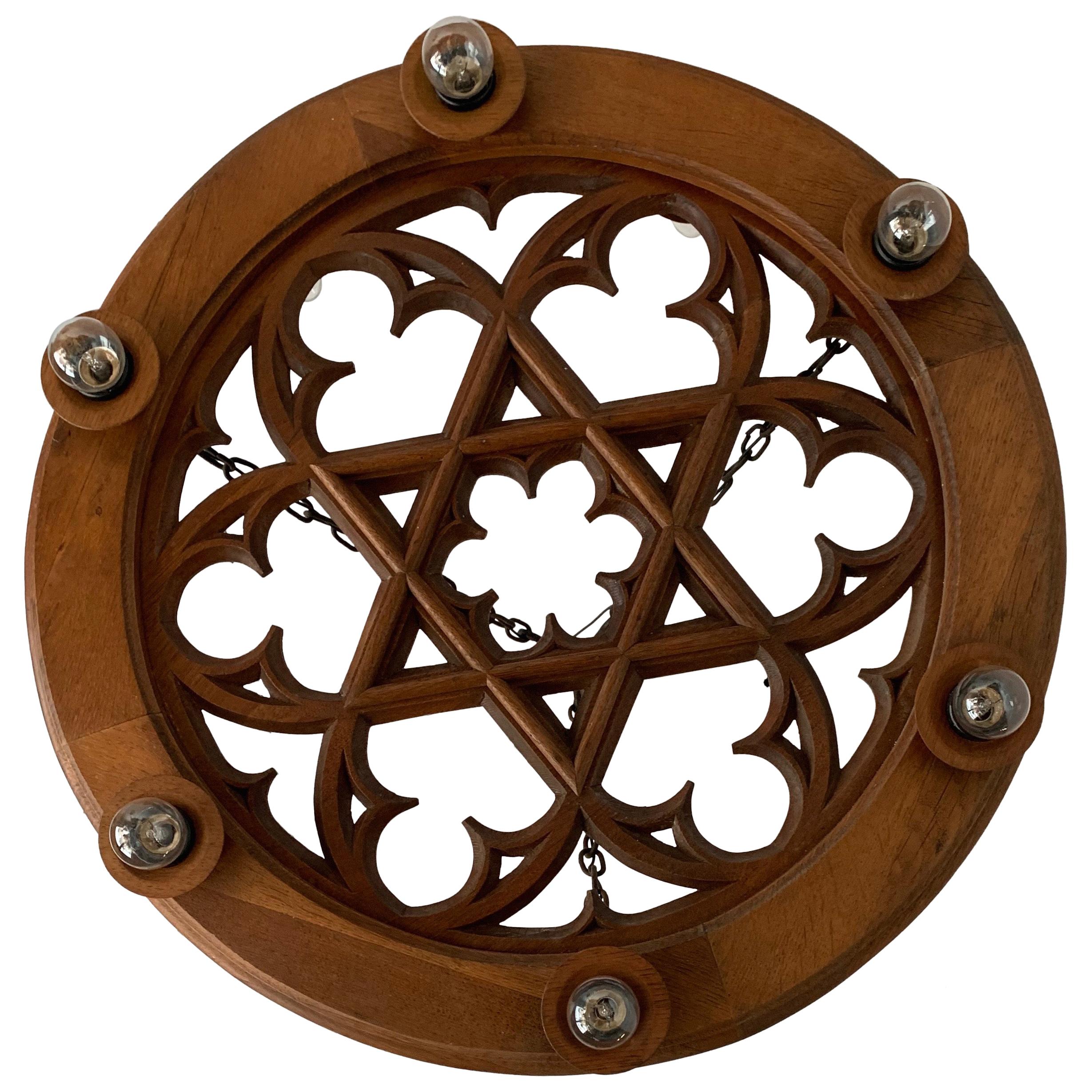 Rare and Antique Handcrafted Oak Gothic Revival Church Pendant Light