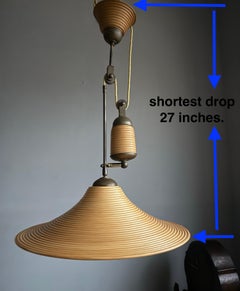 Rare Handcrafted Mid-Century Modern Rattan & Brass Pendant Light / Ceiling Lamp