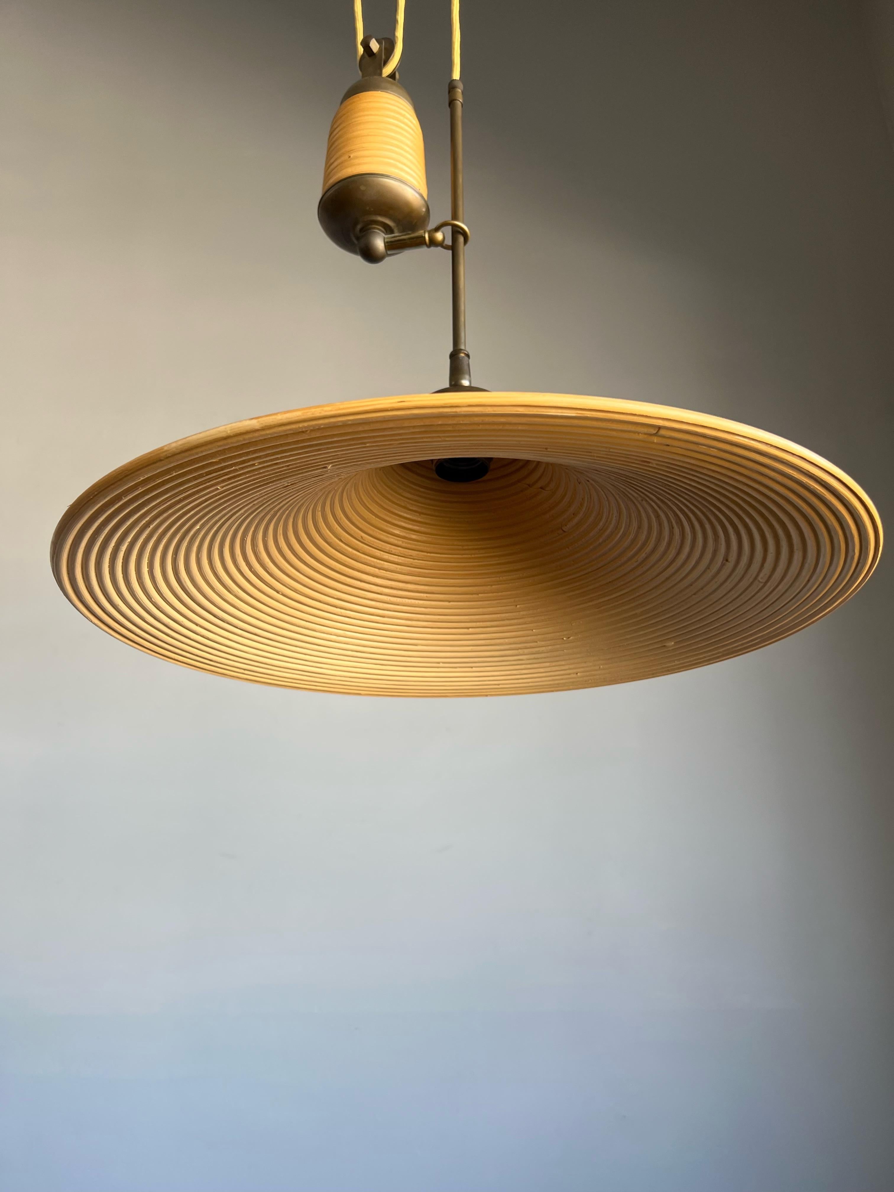European Rare Handcrafted Mid-Century Modern Rattan & Brass Pendant Light / Ceiling Lamp For Sale