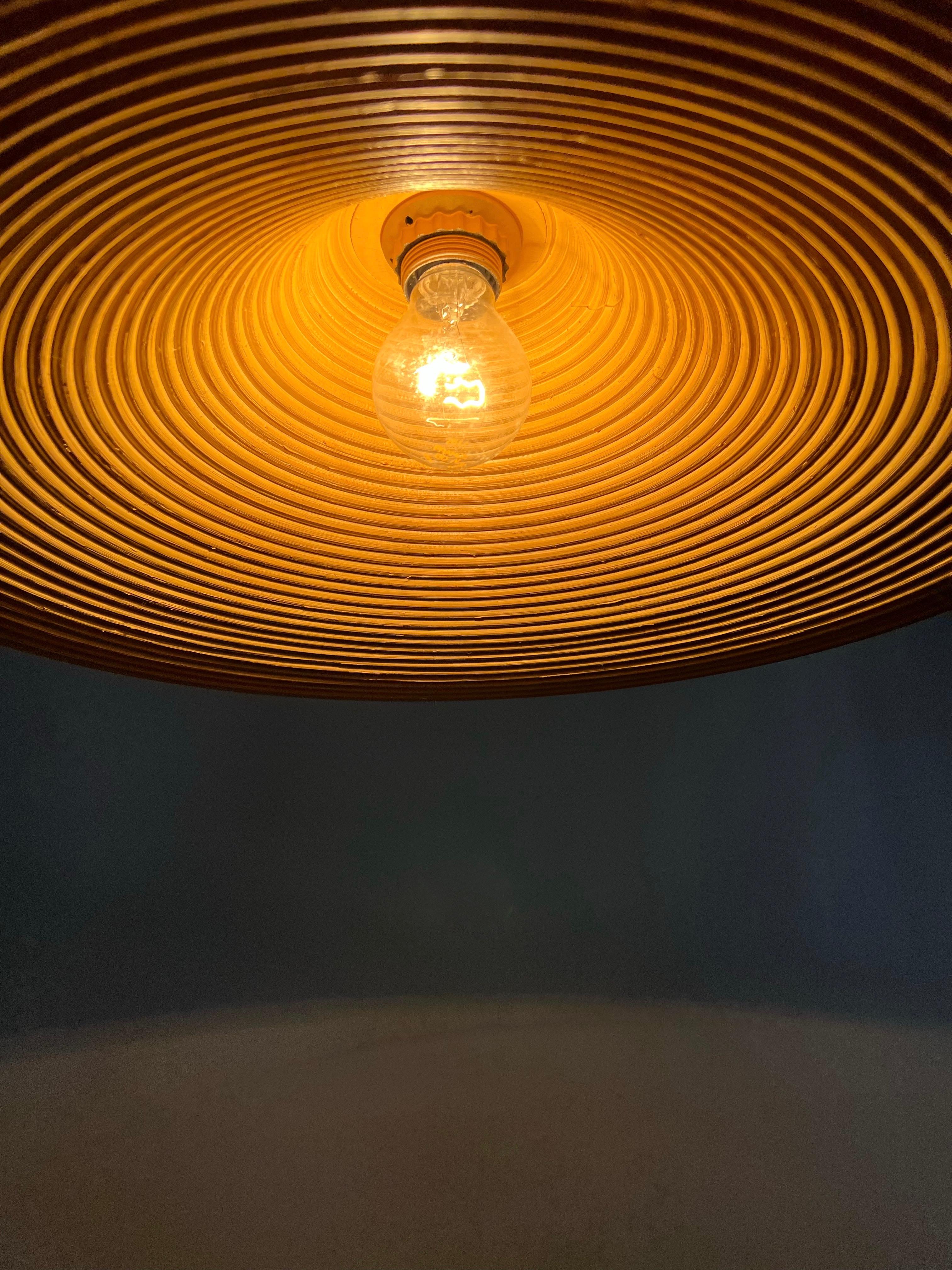 20ième siècle Rare lampe à suspension / plafonnier en rotin et laiton, fabriquée à la main, de style mi-siècle moderne en vente