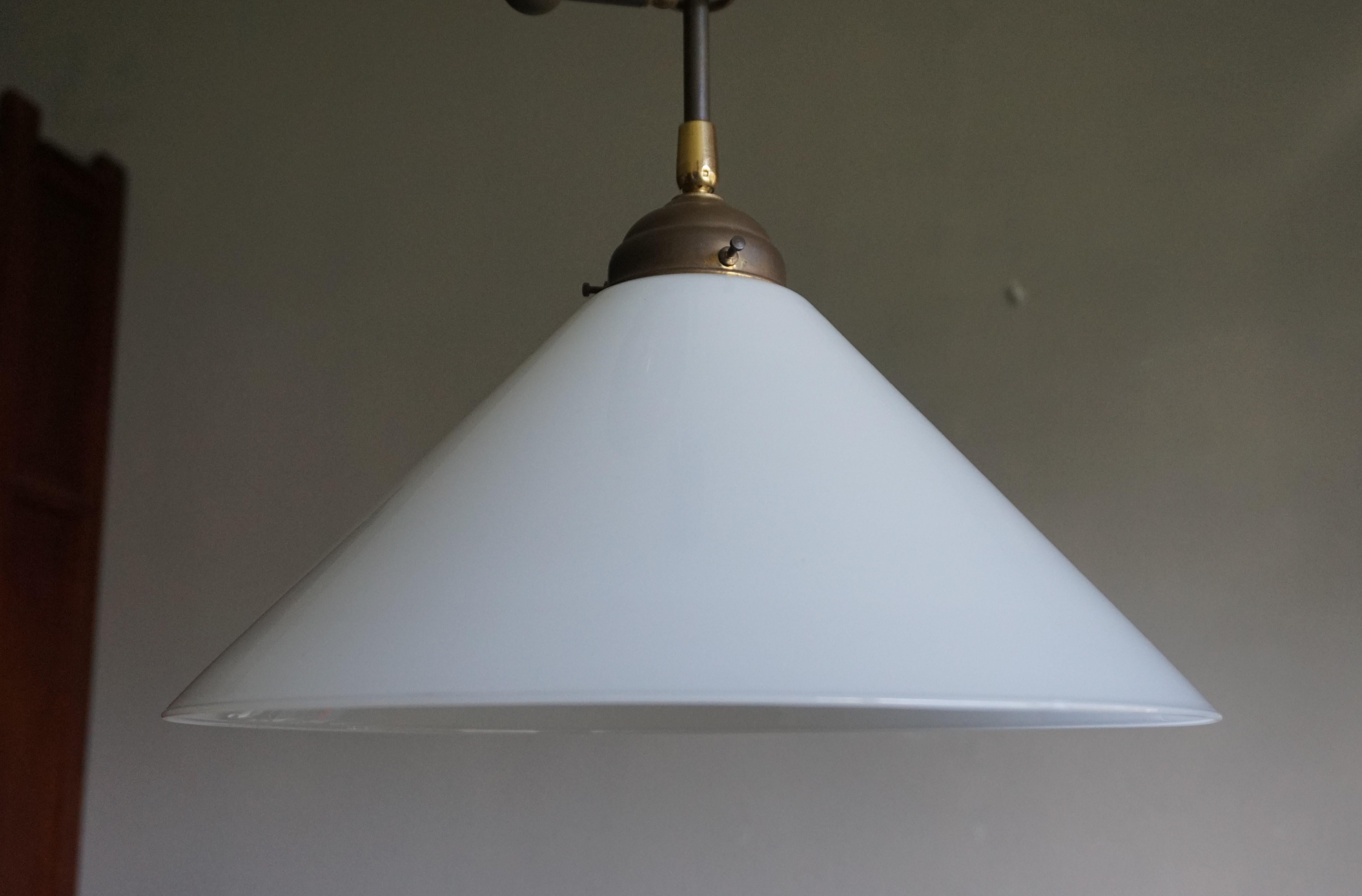 Rare and Handcrafted Mid-Century Modern Opaline and Brass Pendant, Ceiling Light 4