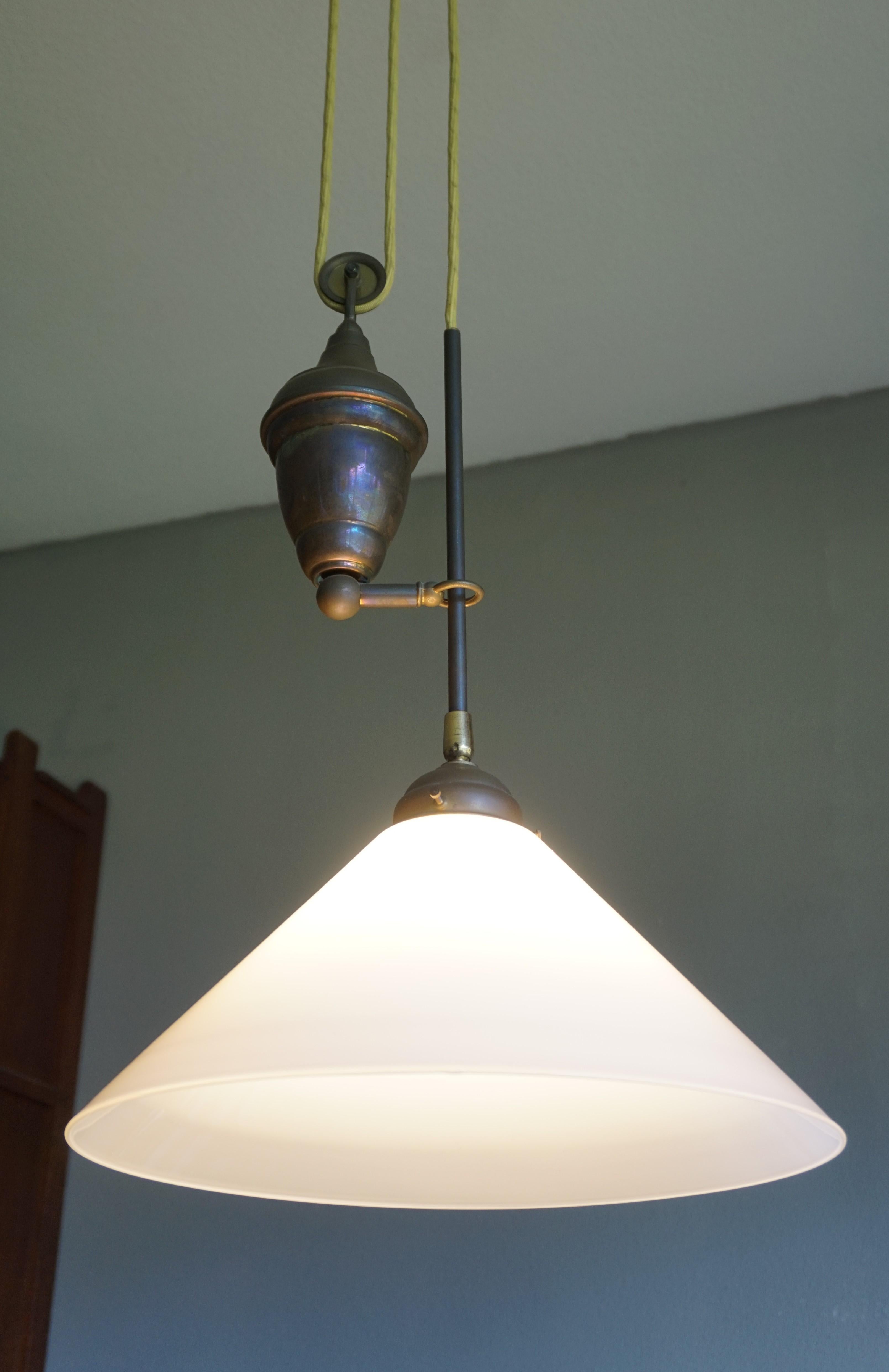 Rare and Handcrafted Mid-Century Modern Opaline and Brass Pendant, Ceiling Light 6